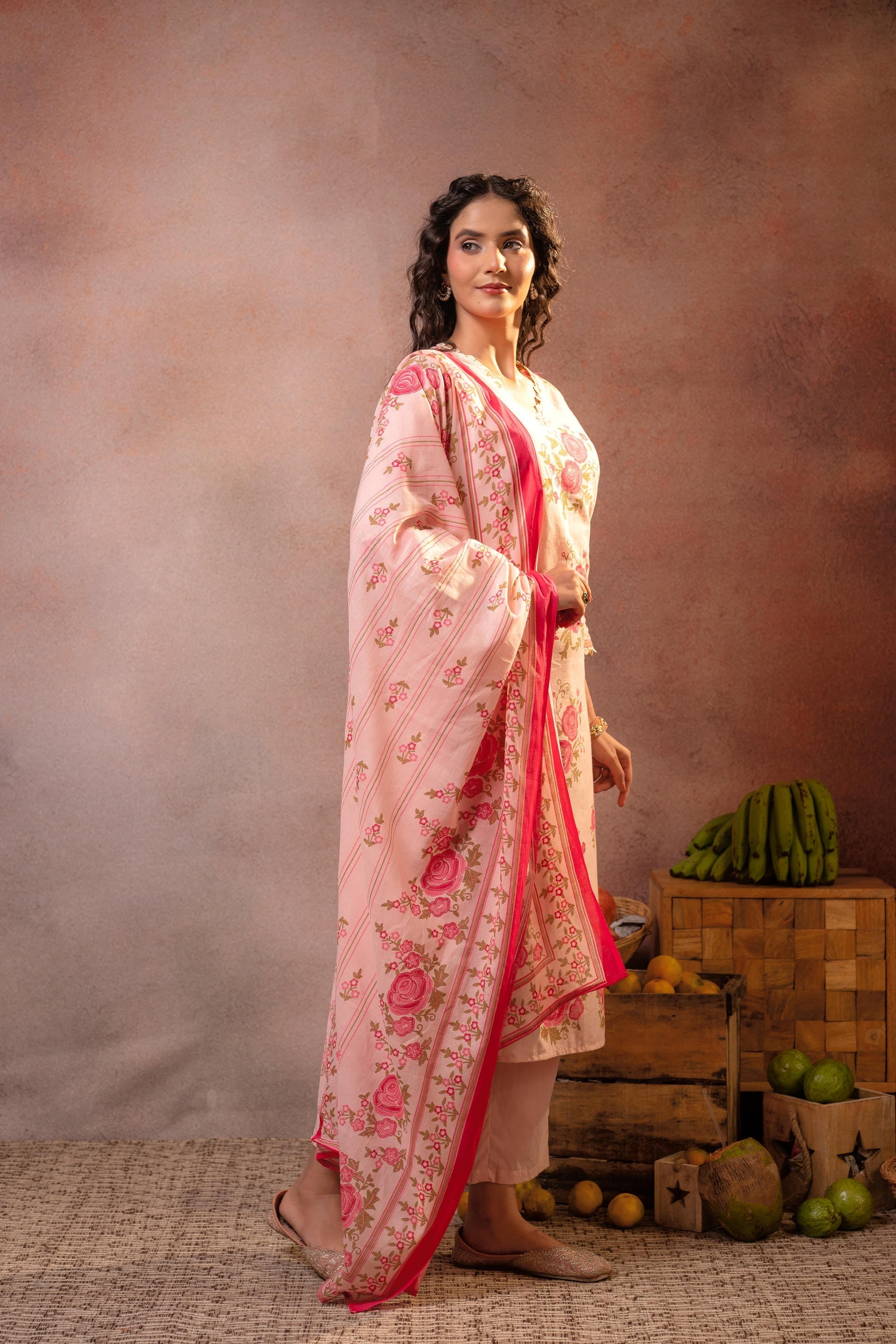 Juniper Gulbahaar Blush Floral Kurta Pant And Dupatta Set