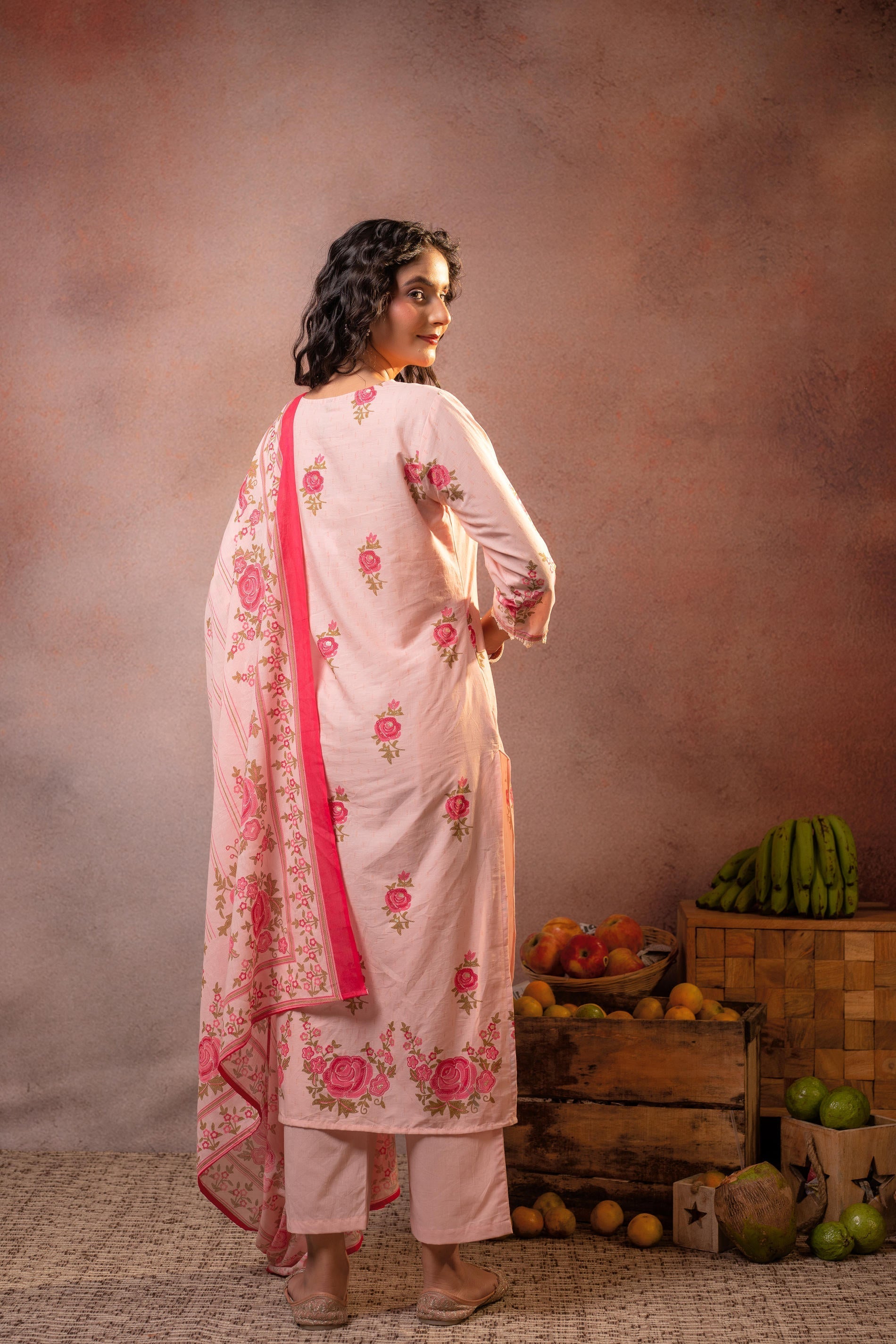 Juniper Gulbahaar Blush Floral Kurta Pant And Dupatta Set