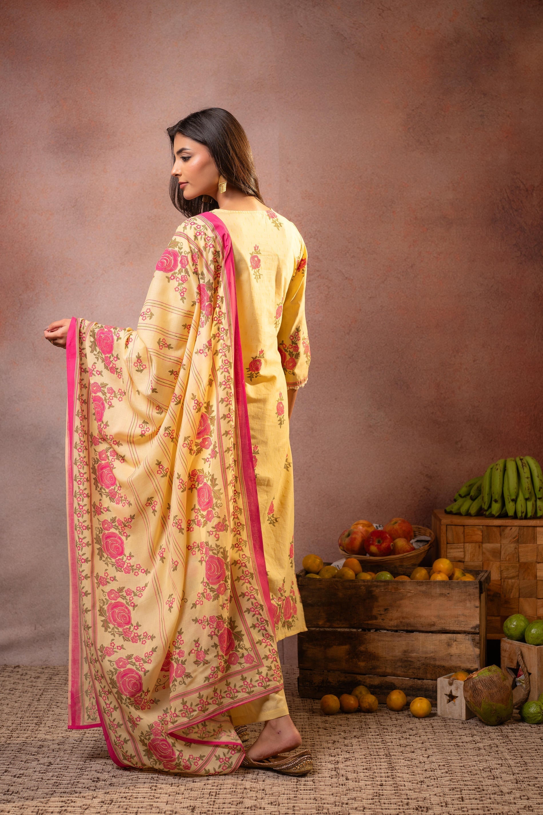 Juniper Gulbahaar Blush Floral Kurta Pant And Dupatta Set
