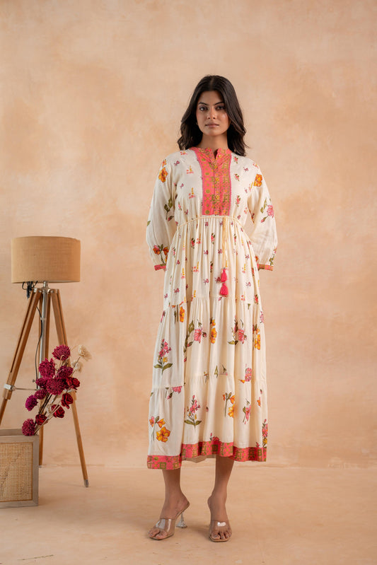 Juniper Beige Gulnaar Floral Yoke Dress