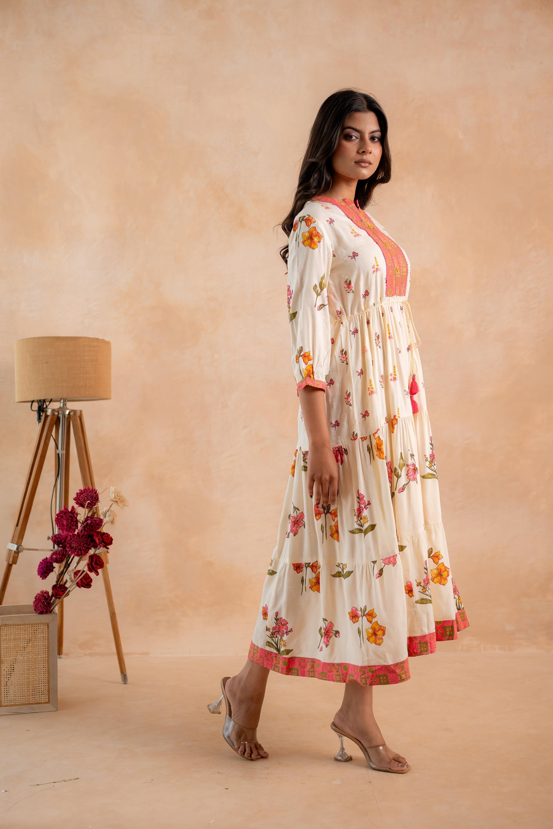 Juniper Beige Gulnaar Floral Yoke Dress