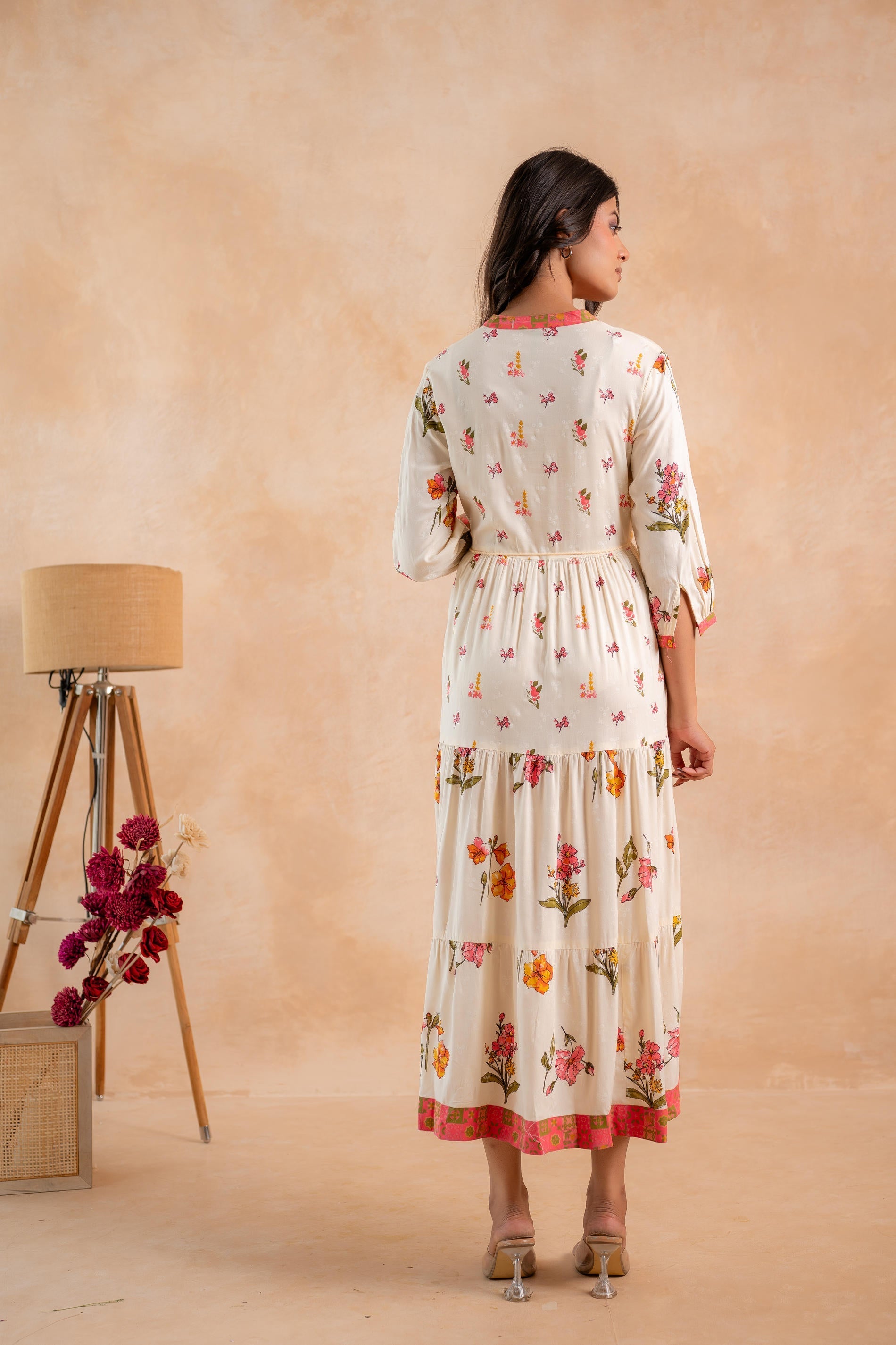 Juniper Beige Gulnaar Floral Yoke Dress