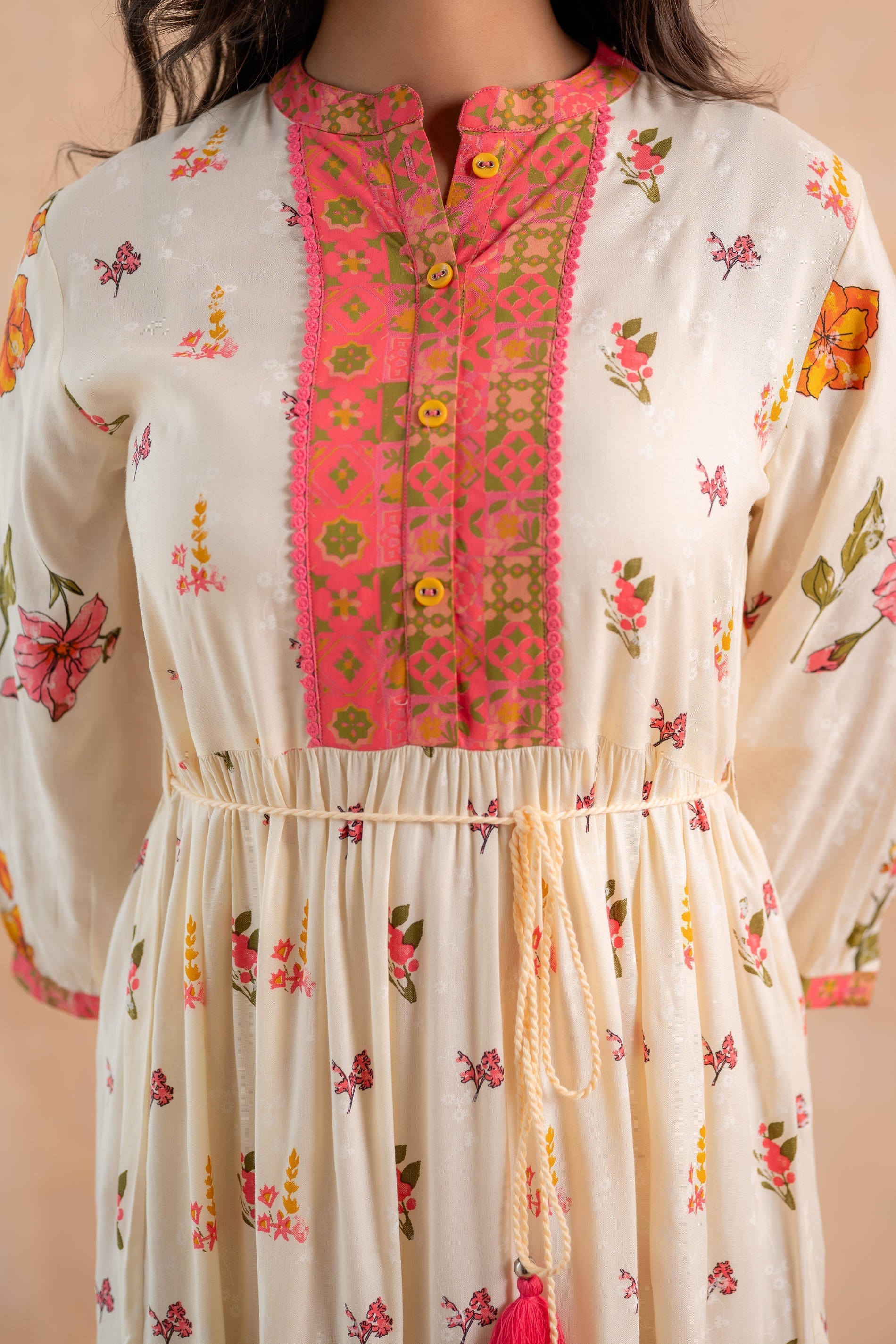 Juniper Beige Gulnaar Floral Yoke Dress
