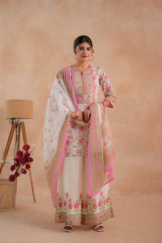 Juniper Gulbahaar Ivory Floral Printed Kurta Palazzo And Dupatta Set