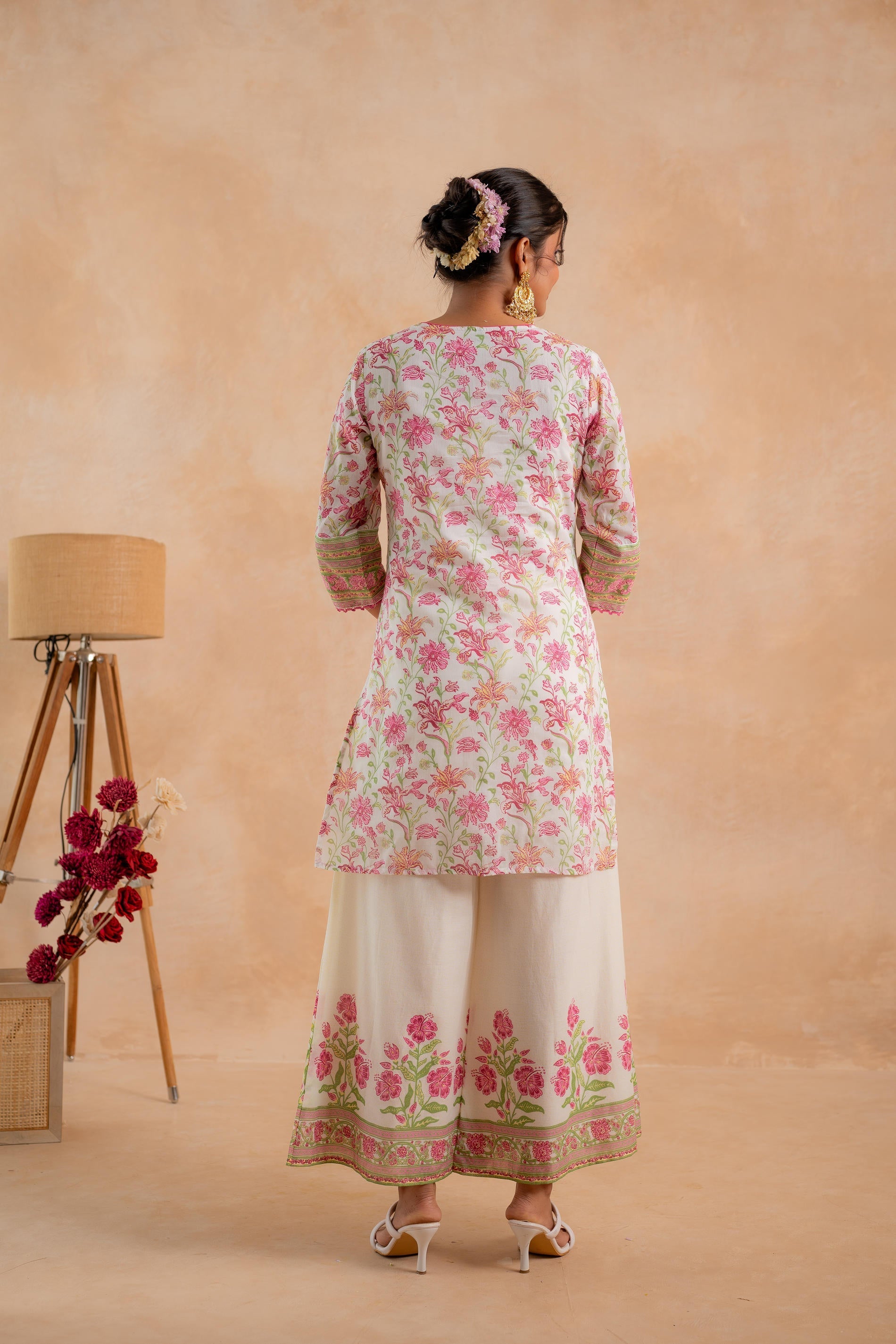 Juniper Gulbahaar Ivory Floral Printed Kurta Palazzo And Dupatta Set