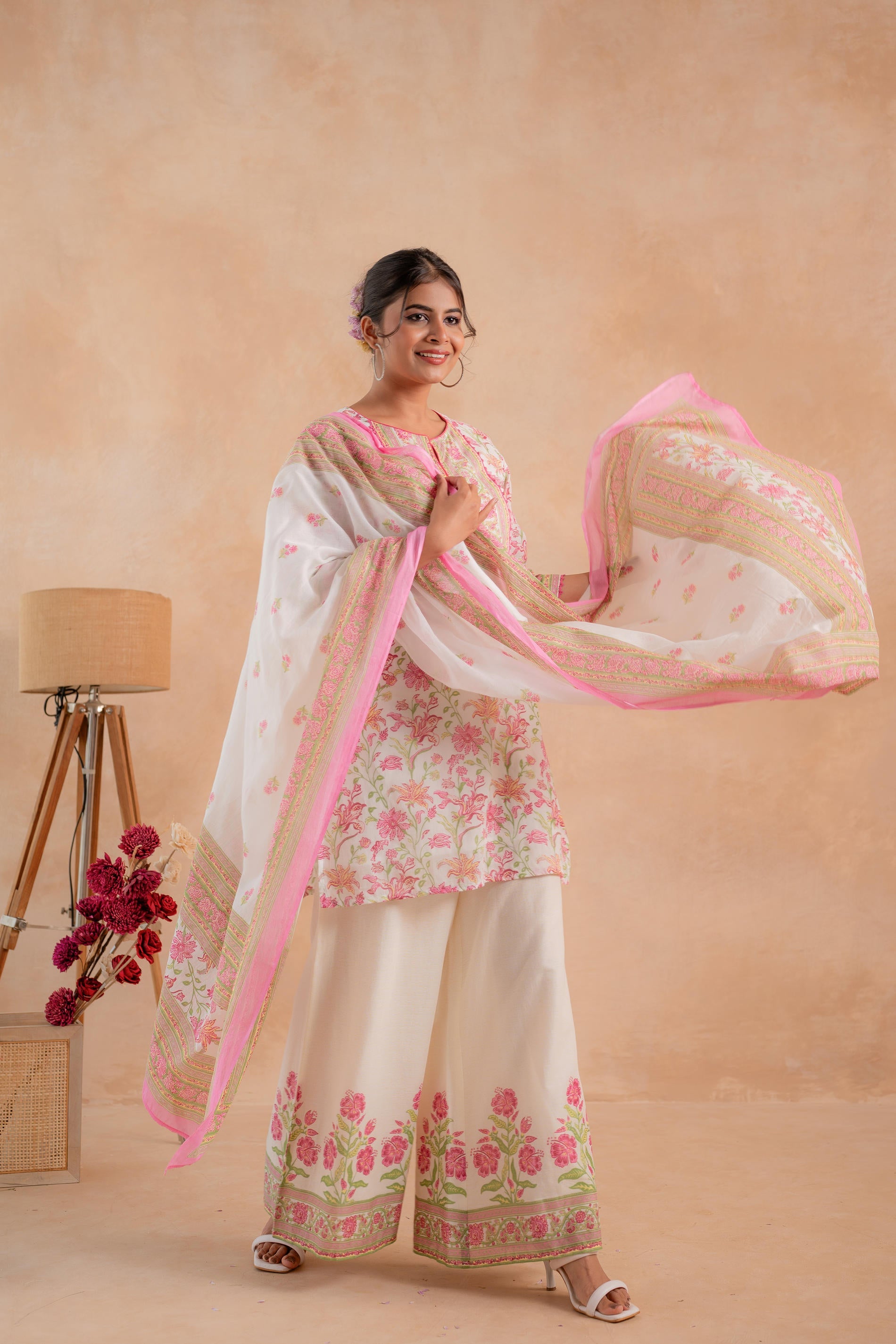 Juniper Gulbahaar Ivory Floral Printed Kurta Palazzo And Dupatta Set