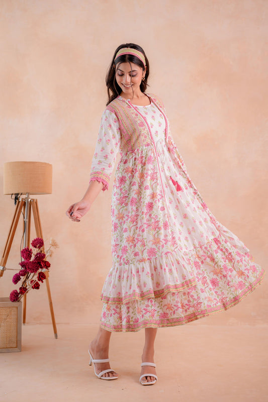 Juniper Ivory Gulbahaar Floral Tiered Dress