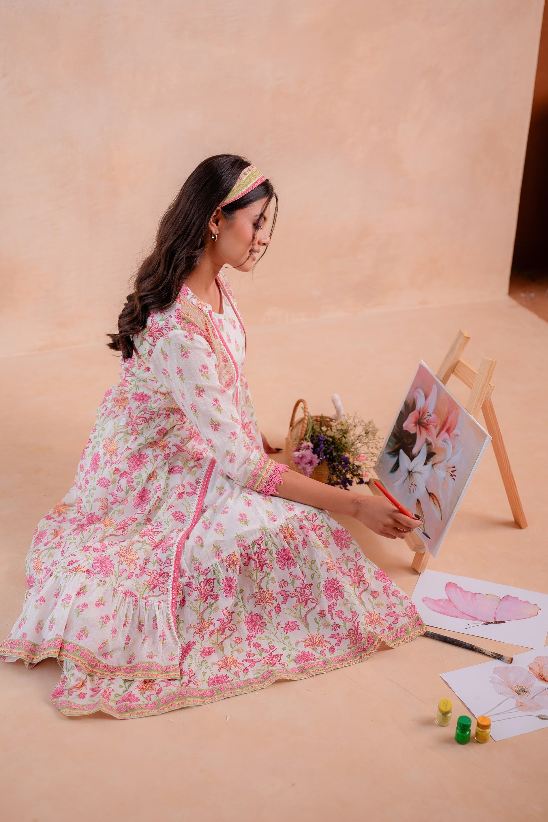 Juniper Ivory Gulbahaar Floral Tiered Dress