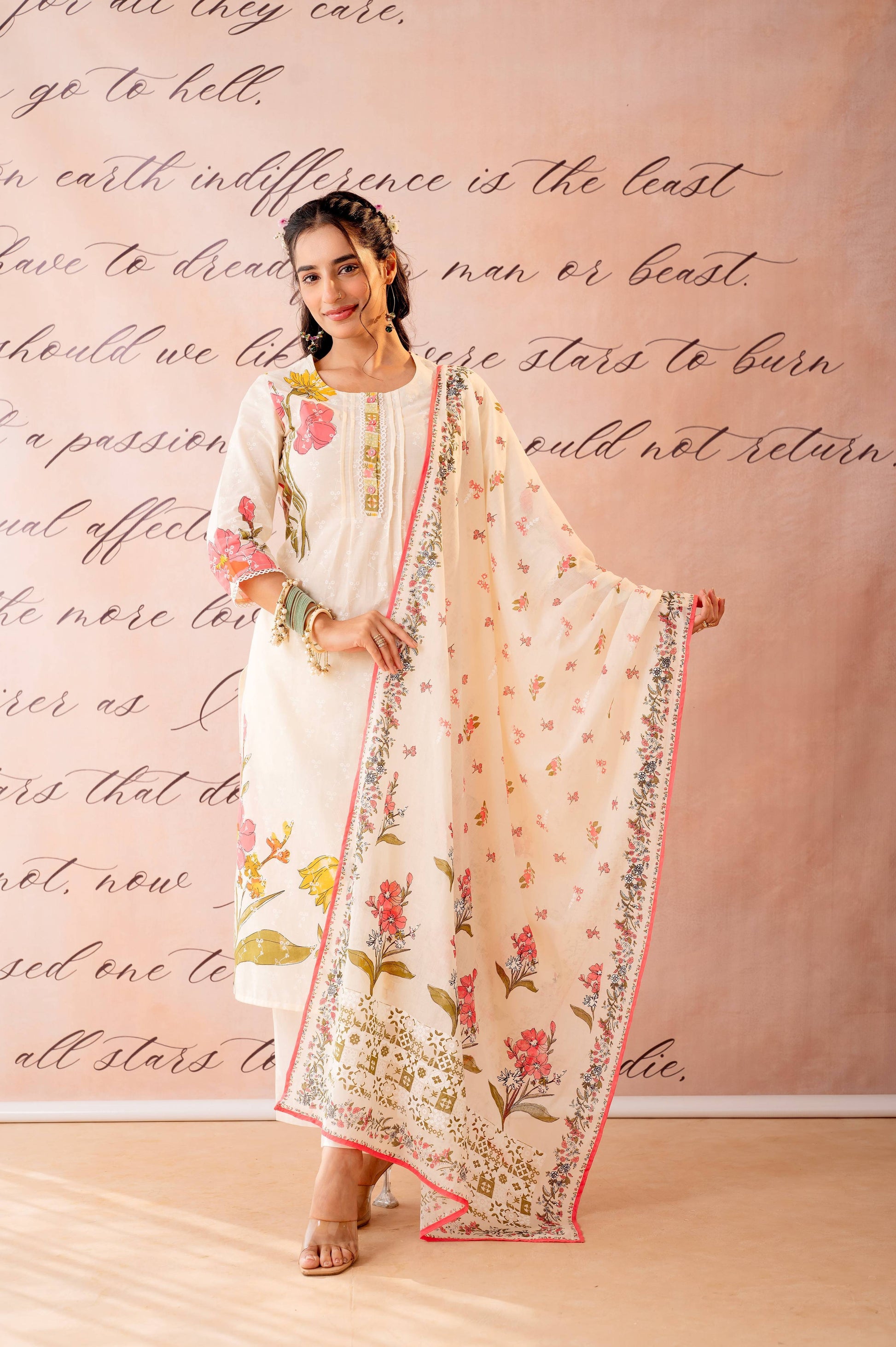 Juniper Dastaan Off-White Floral Printed Kurta Pant And Dupatta Set