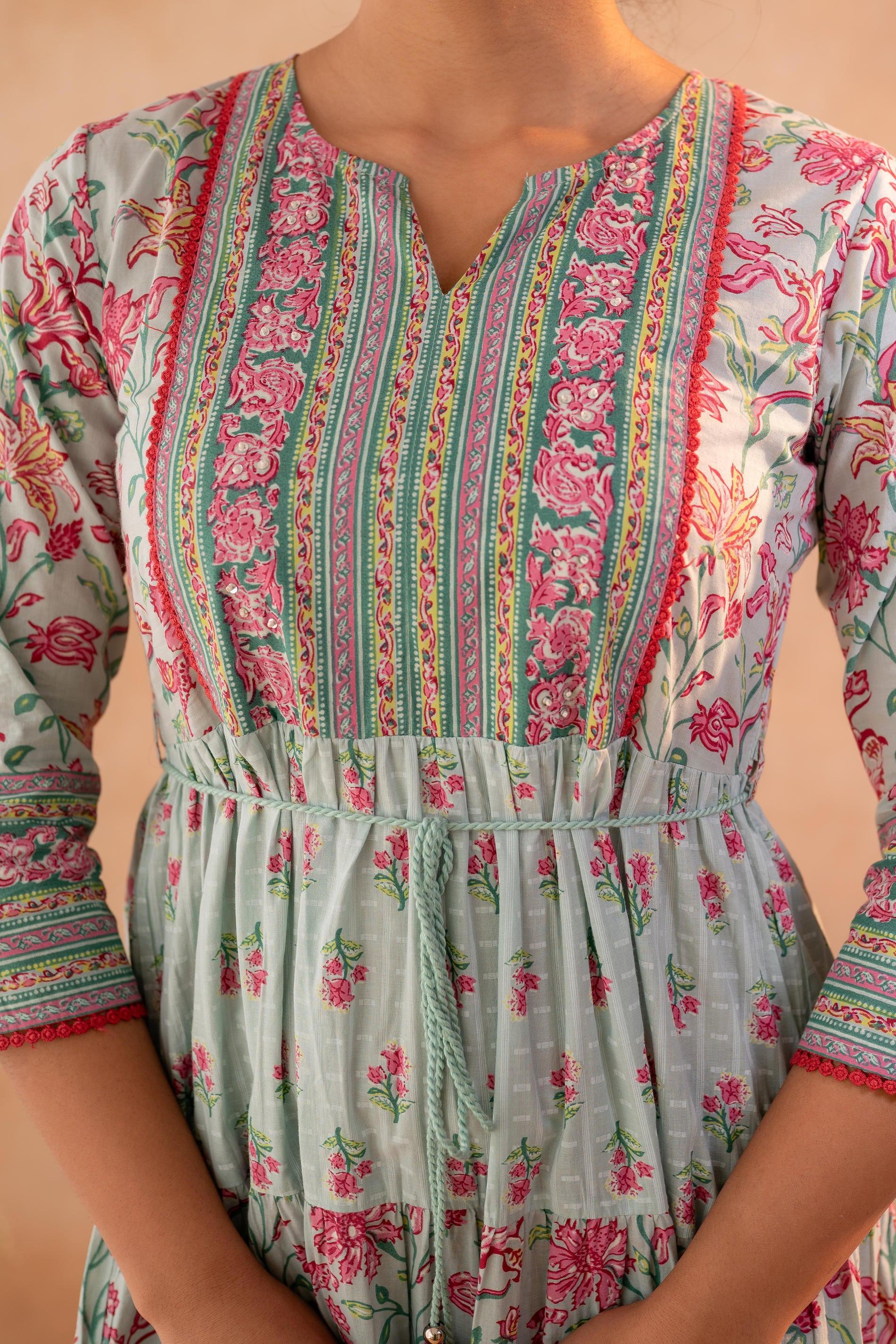 Juniper Gulbahar Bloom Sage Green Anarkali Dress