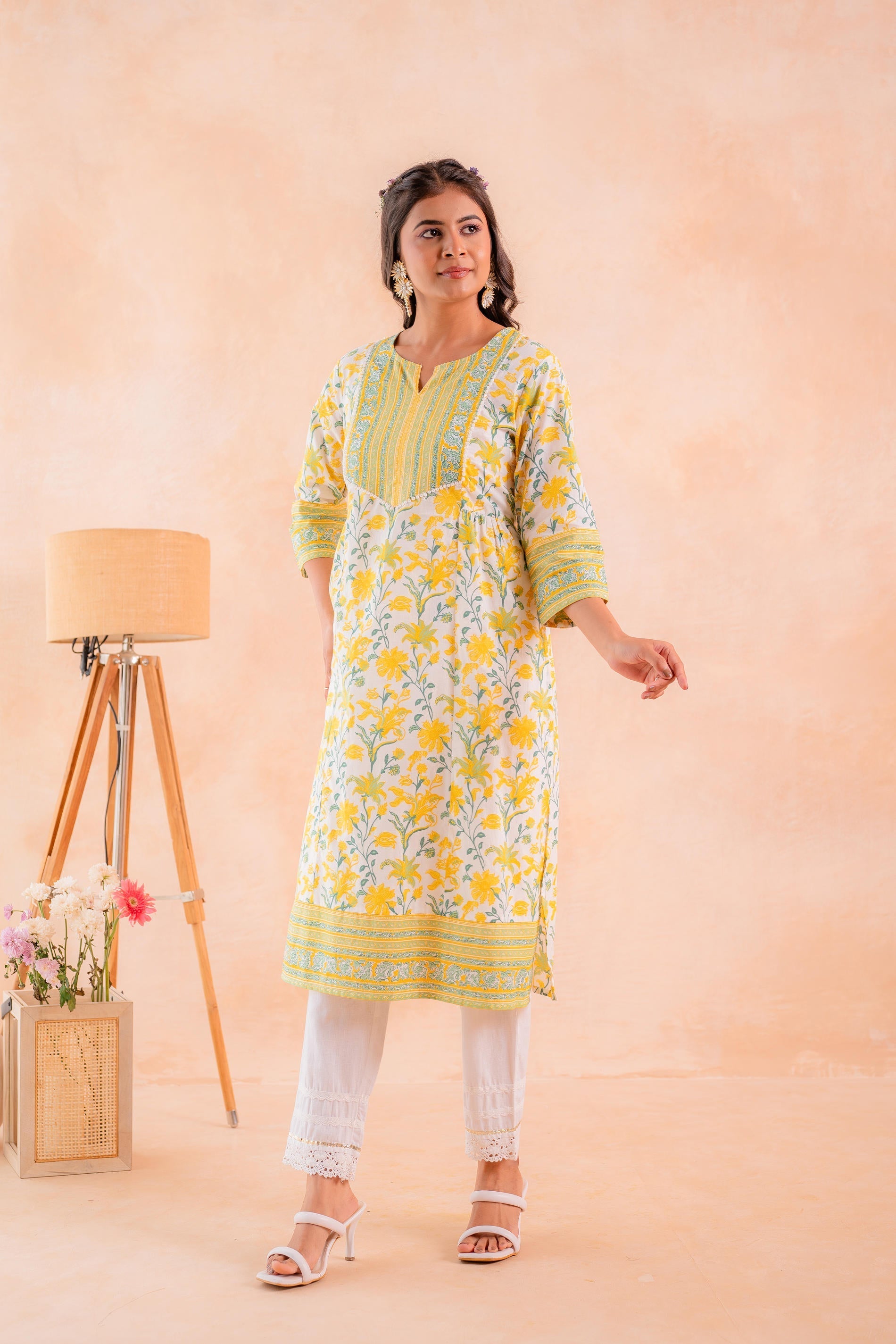 Juniper Yellow Blossom Panelled Kurta