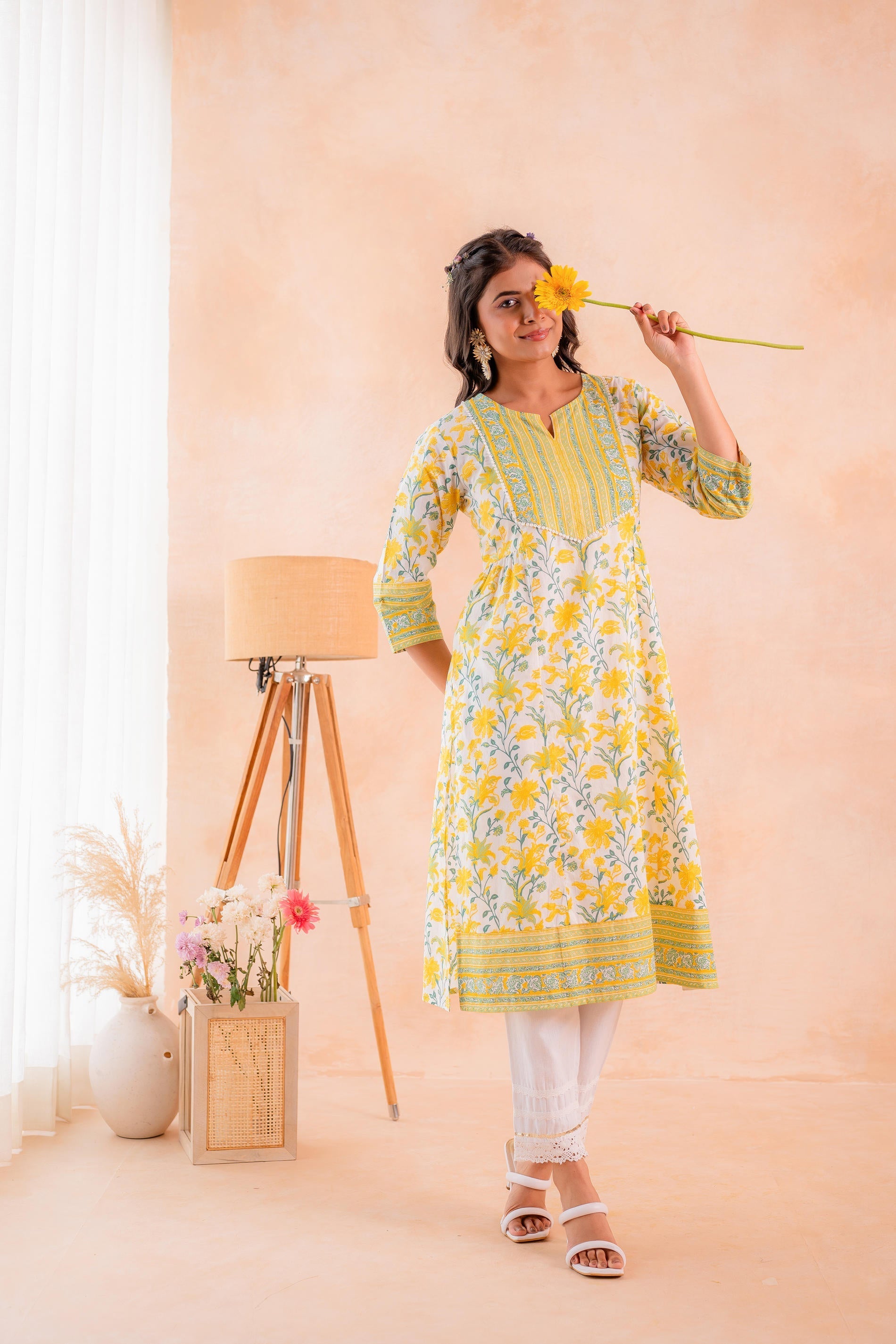 Juniper Yellow Blossom Panelled Kurta