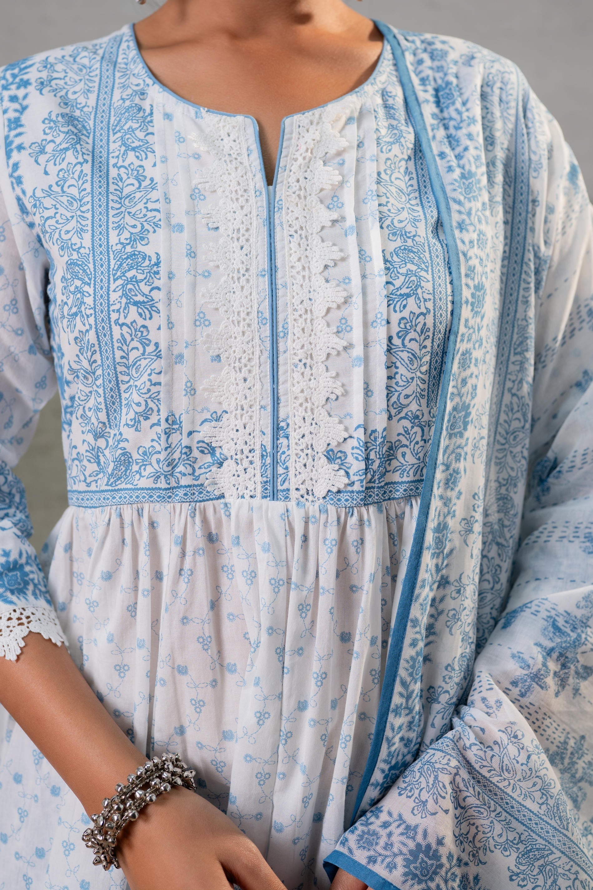 Juniper Neelambar Skyblue Printed Flared Kurta Pant And Dupatta Set
