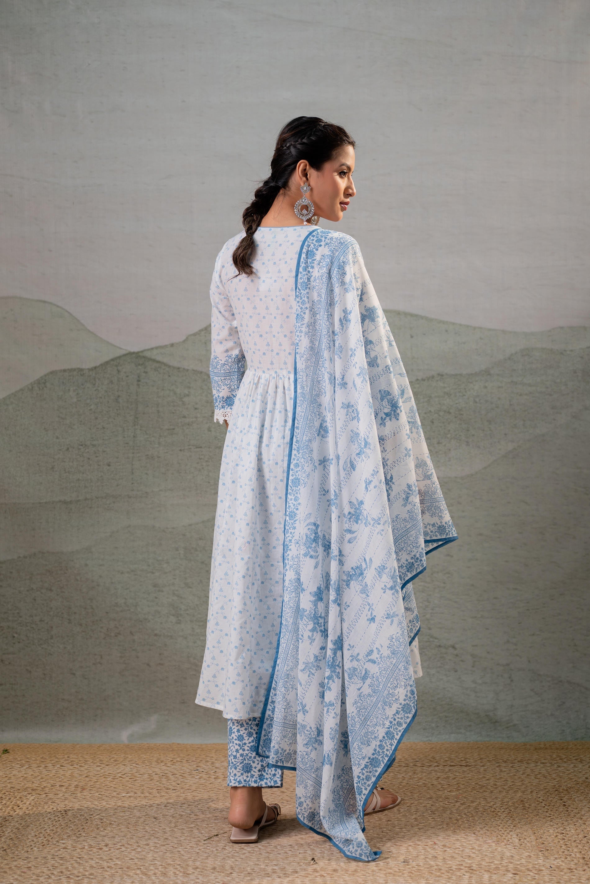 Juniper Neelambar Skyblue Printed Flared Kurta Pant And Dupatta Set