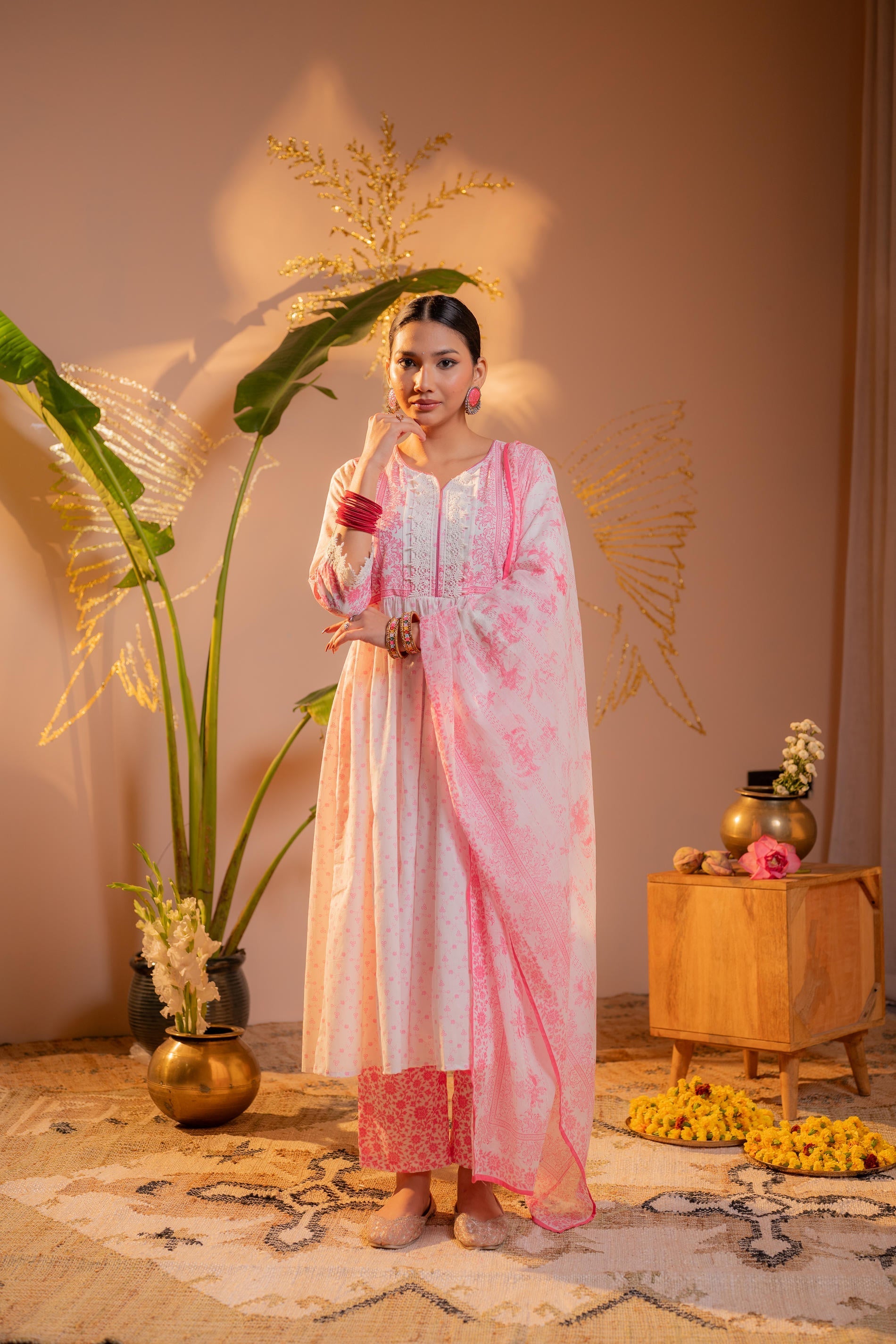 Juniper Gulnaar Pink Printed Flared Kurta Pant And Dupatta Set