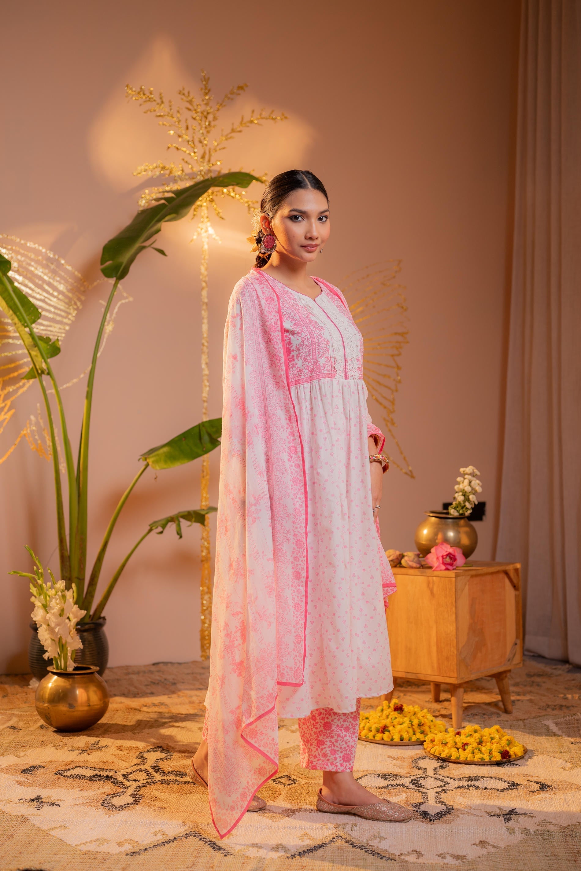 Juniper Gulnaar Pink Printed Flared Kurta Pant And Dupatta Set