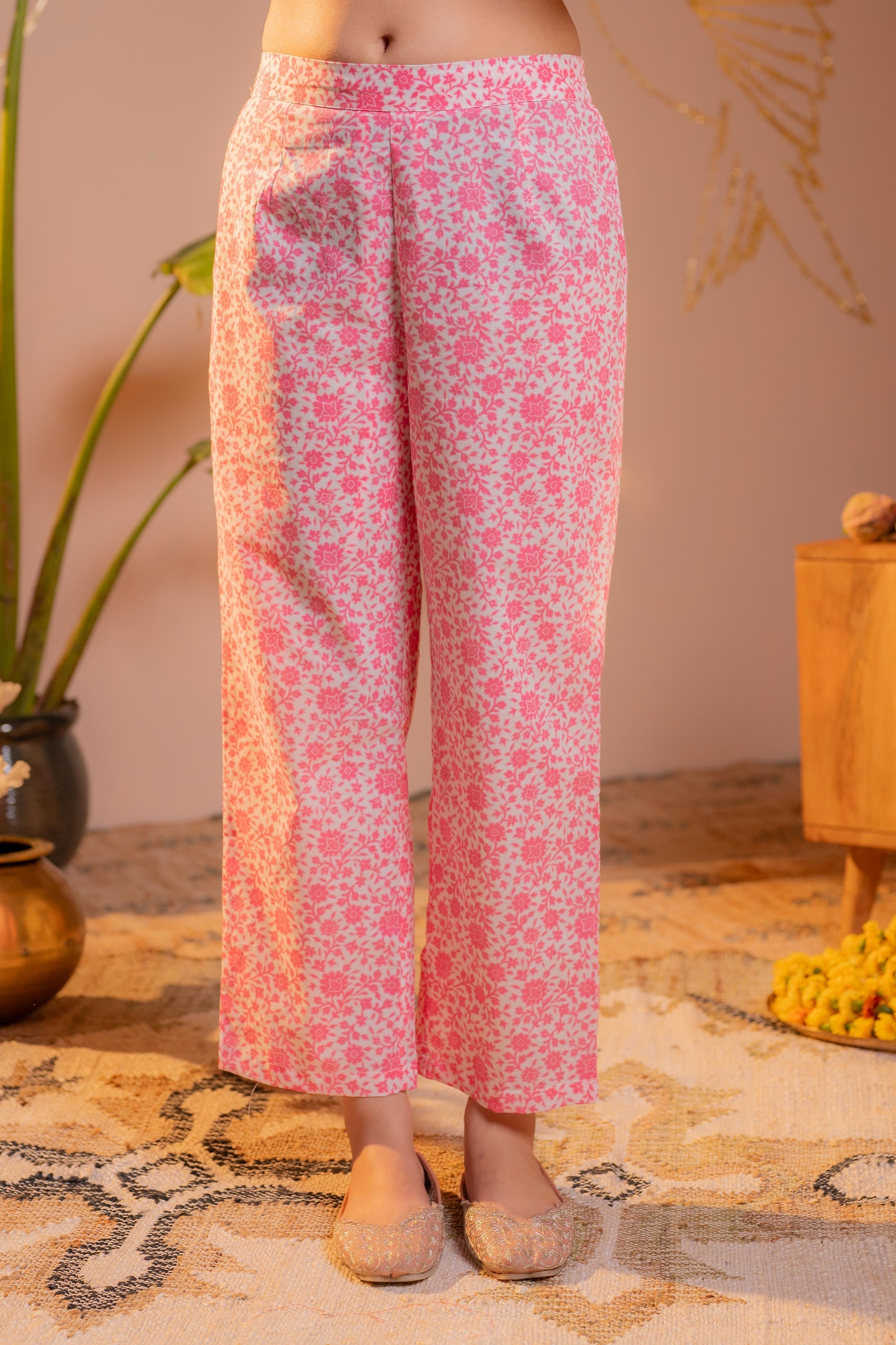 Juniper Gulnaar Pink Printed Flared Kurta Pant And Dupatta Set