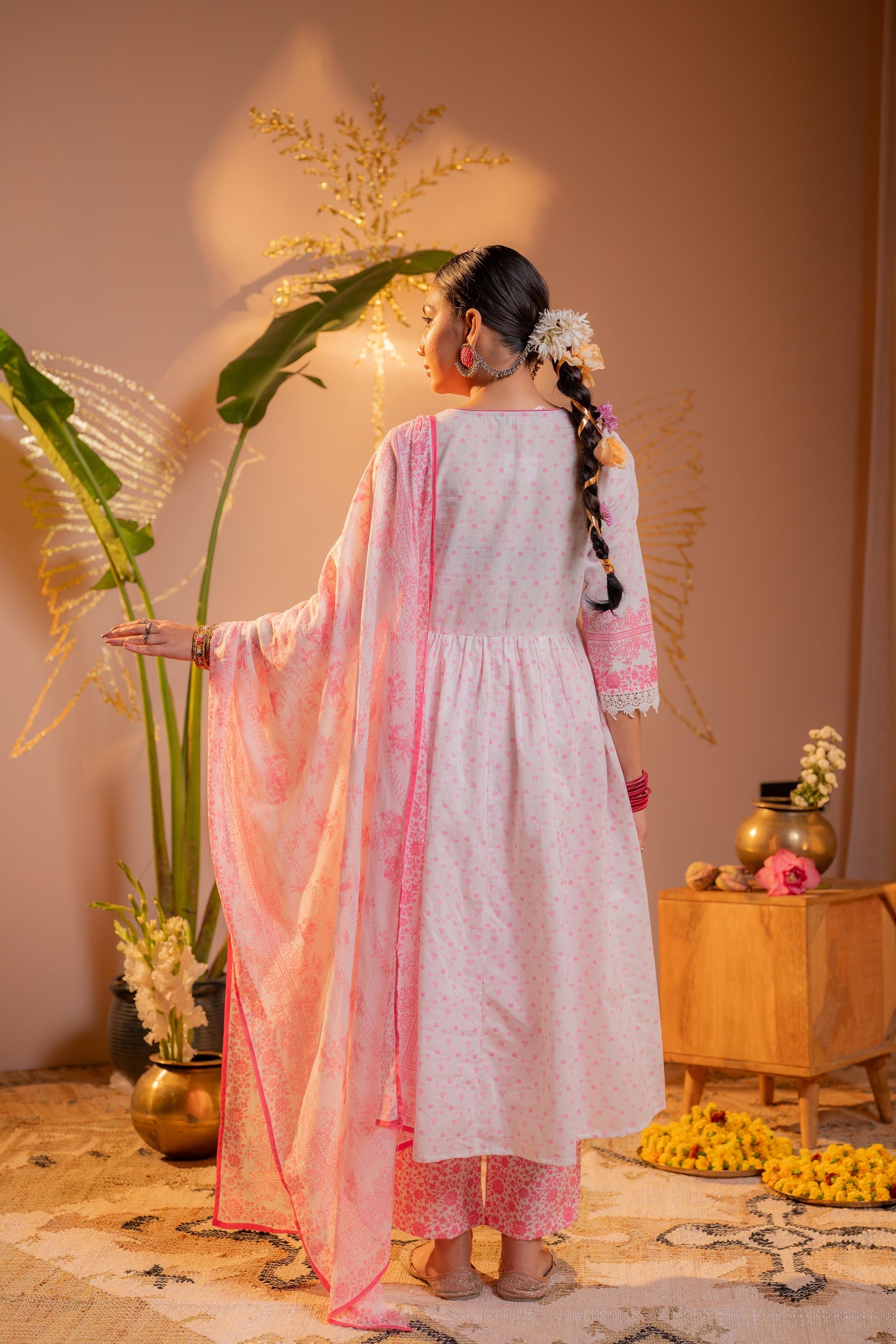 Juniper Gulnaar Pink Printed Flared Kurta Pant And Dupatta Set