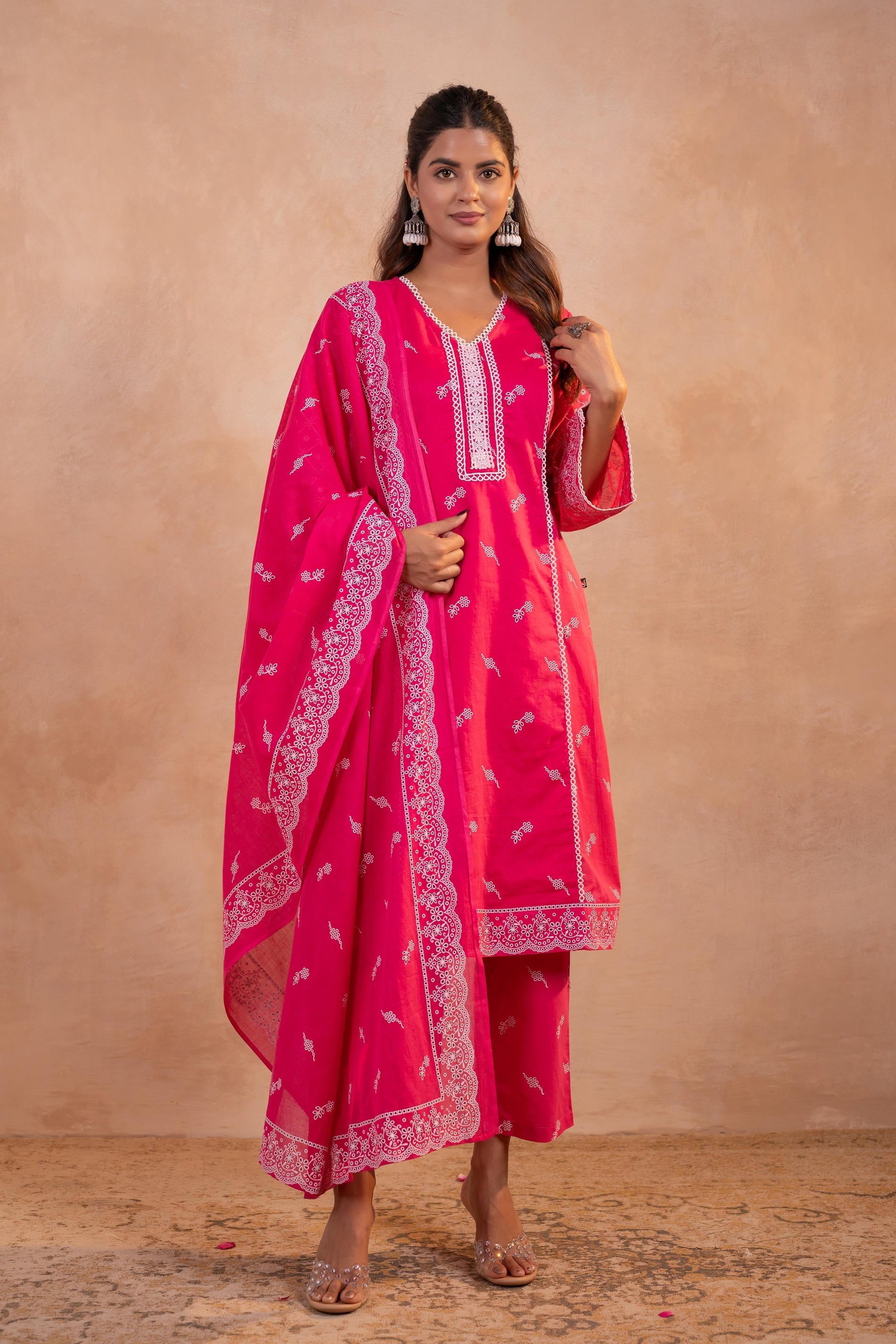 Juniper Gulbahar Fuchsia Printed Kurta Pant And Dupatta Set