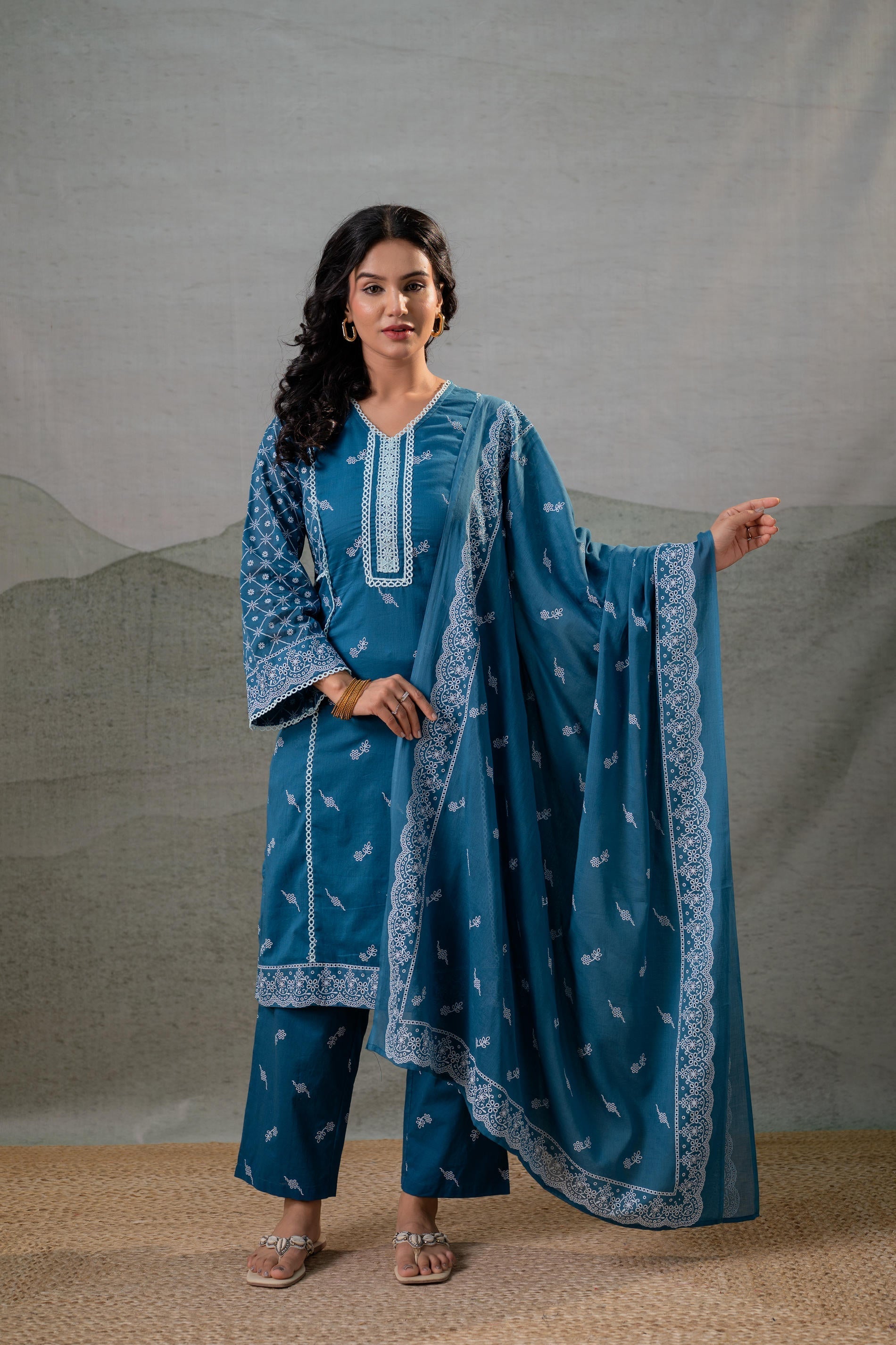 Juniper NeelraIndigo Teal Printed Kurta Pant And Dupatta Set