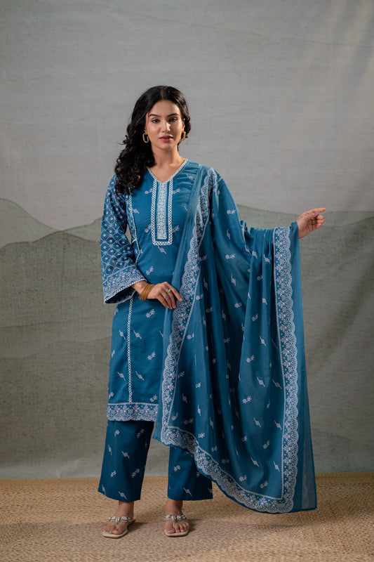 Juniper NeelraIndigo Teal Printed Kurta Pant And Dupatta Set