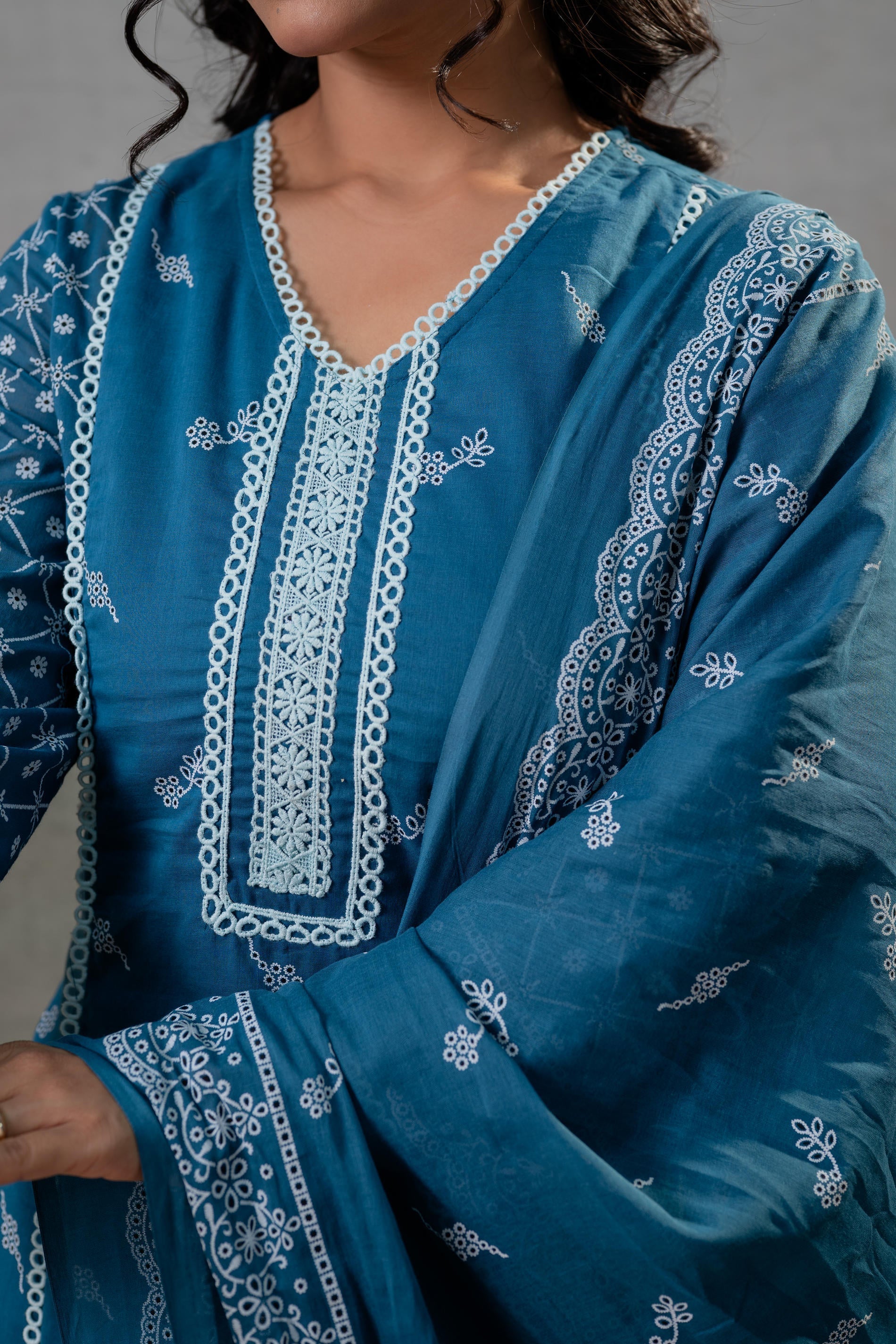 Juniper NeelraIndigo Teal Printed Kurta Pant And Dupatta Set