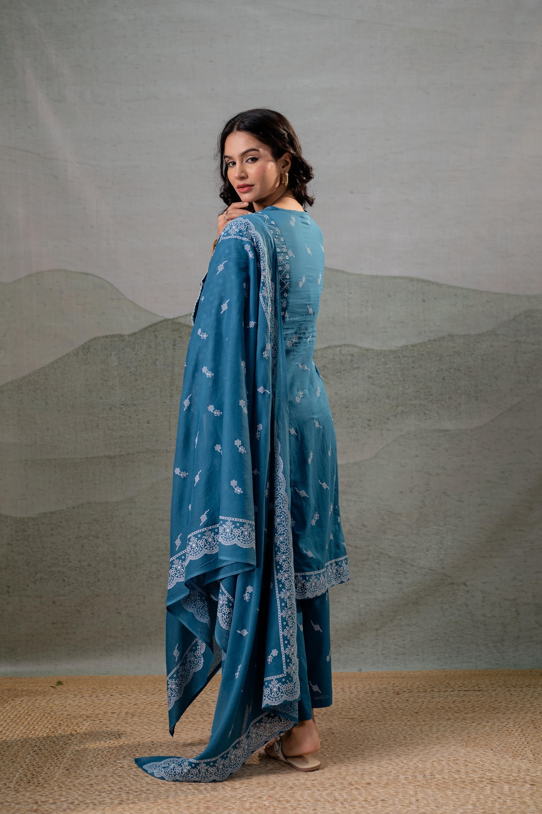 Juniper NeelraIndigo Teal Printed Kurta Pant And Dupatta Set
