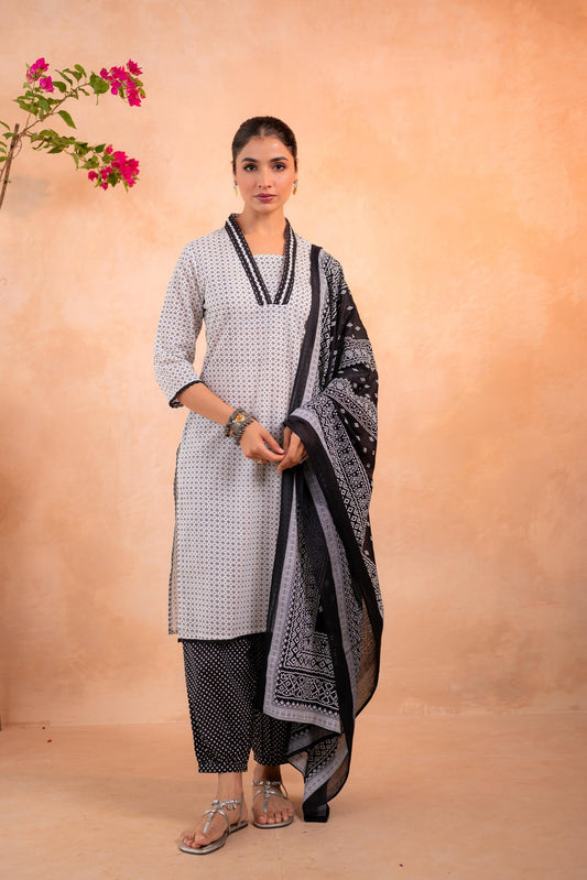 Juniper Noir Ikat Echo Black & White Printed Kurta Pant And Dupatta Set