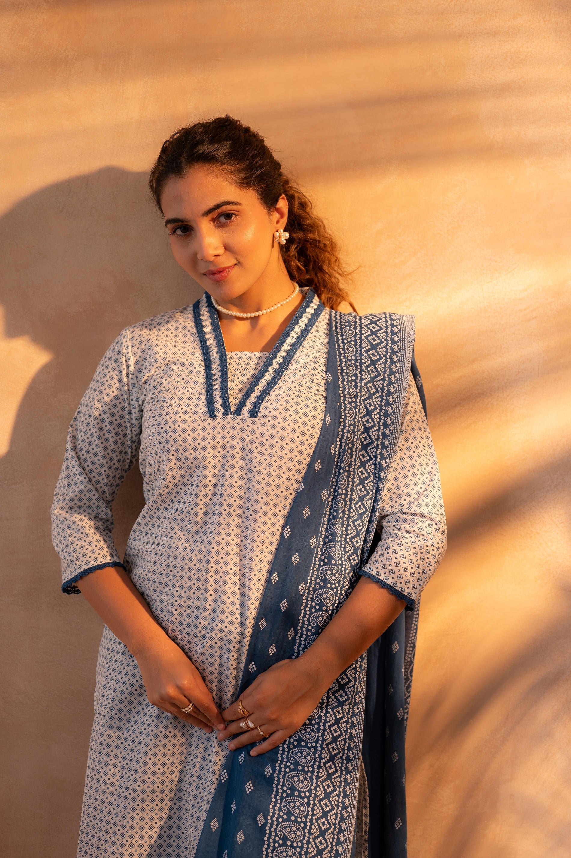 Juniper Noir Ikat Echo Blue & White Printed Kurta Pant And Dupatta Set