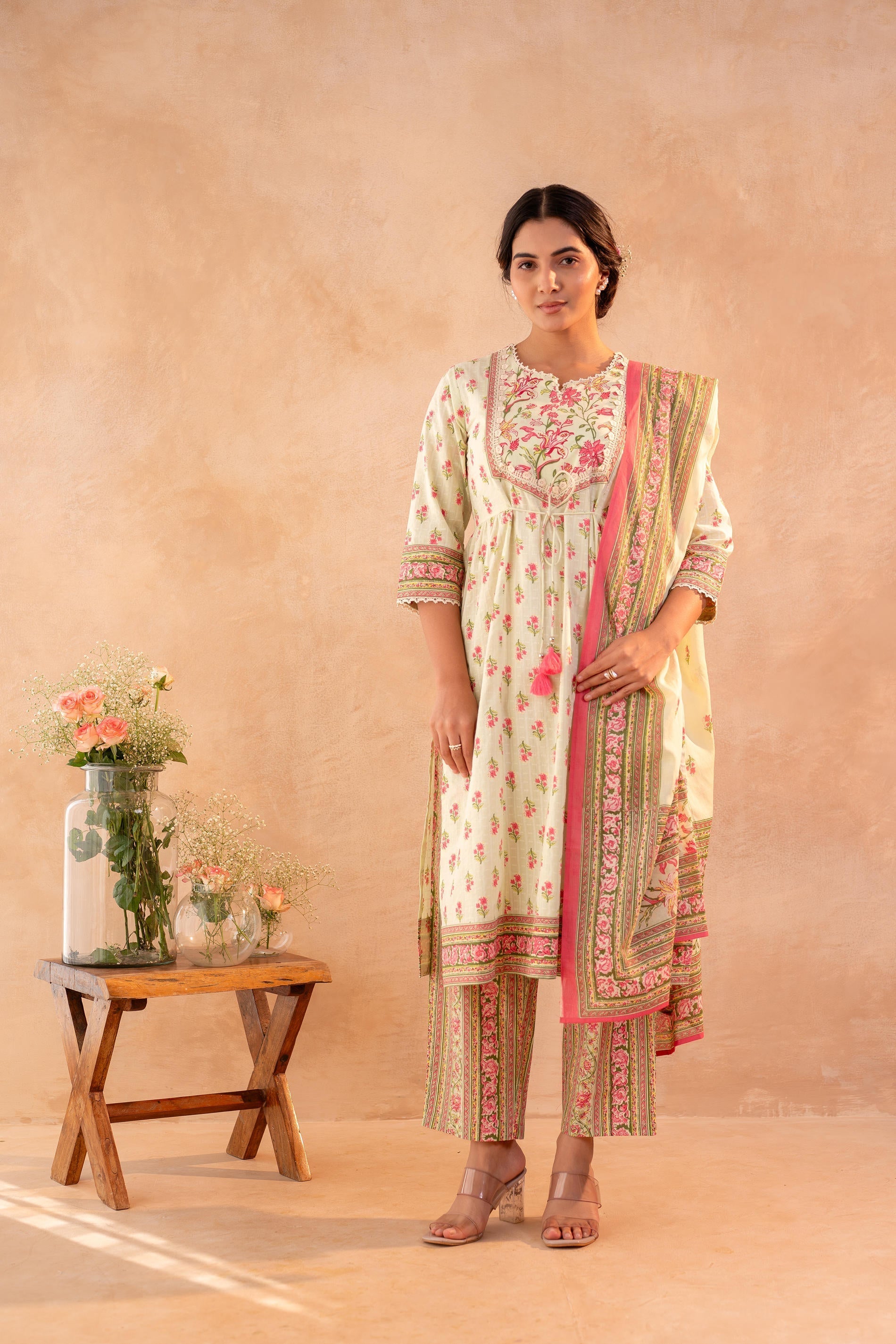Juniper Gulnaar Garden Printed Kurta Pant And Dupatta Set
