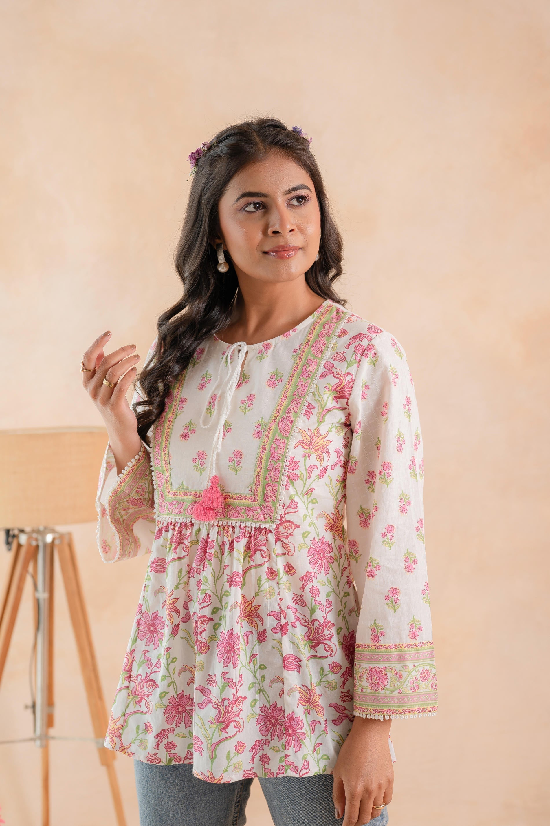 Juniper Off-White & Pink Floral Printed Gathered Ethnic Tunic with Lace Yoke
