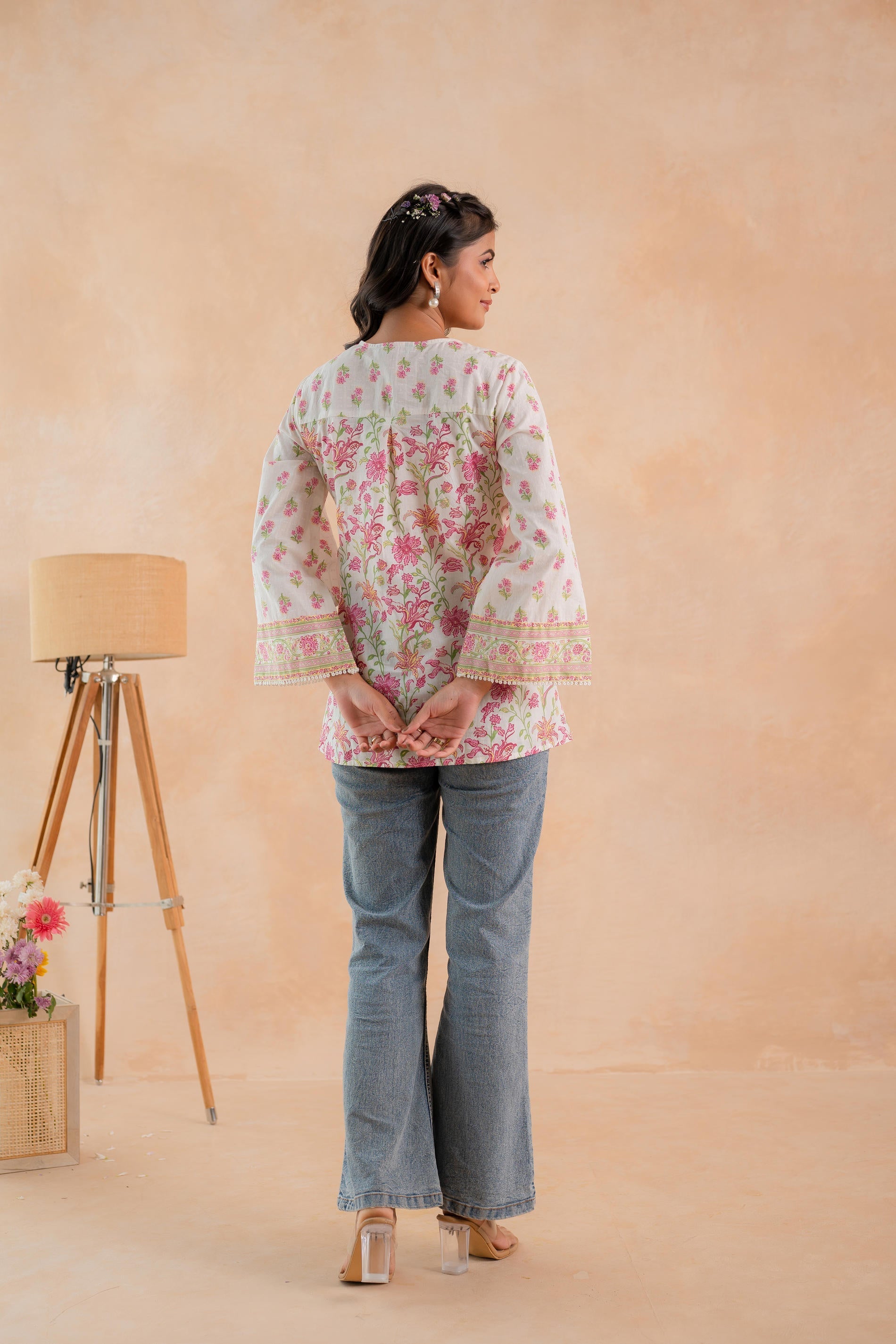 Juniper Off-White & Pink Floral Printed Gathered Ethnic Tunic with Lace Yoke