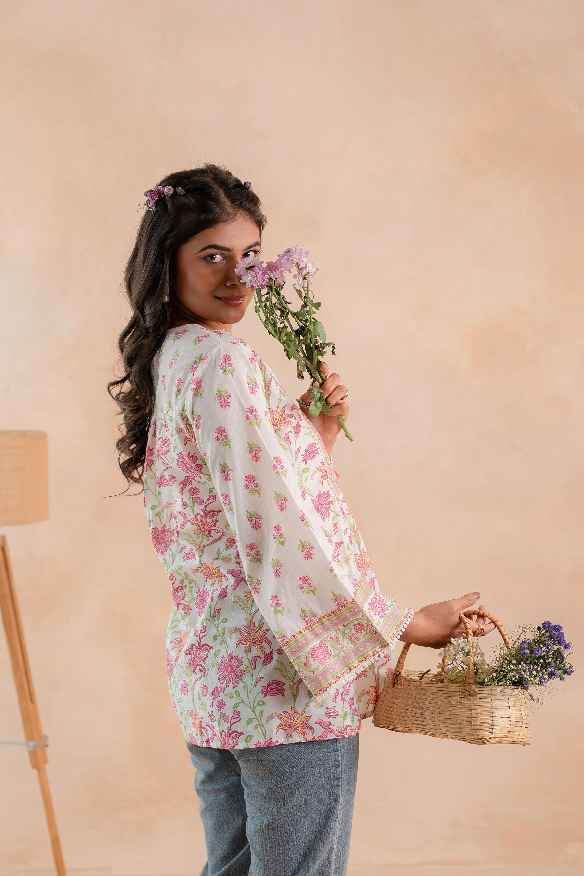 Juniper Off-White & Pink Floral Printed Gathered Ethnic Tunic with Lace Yoke