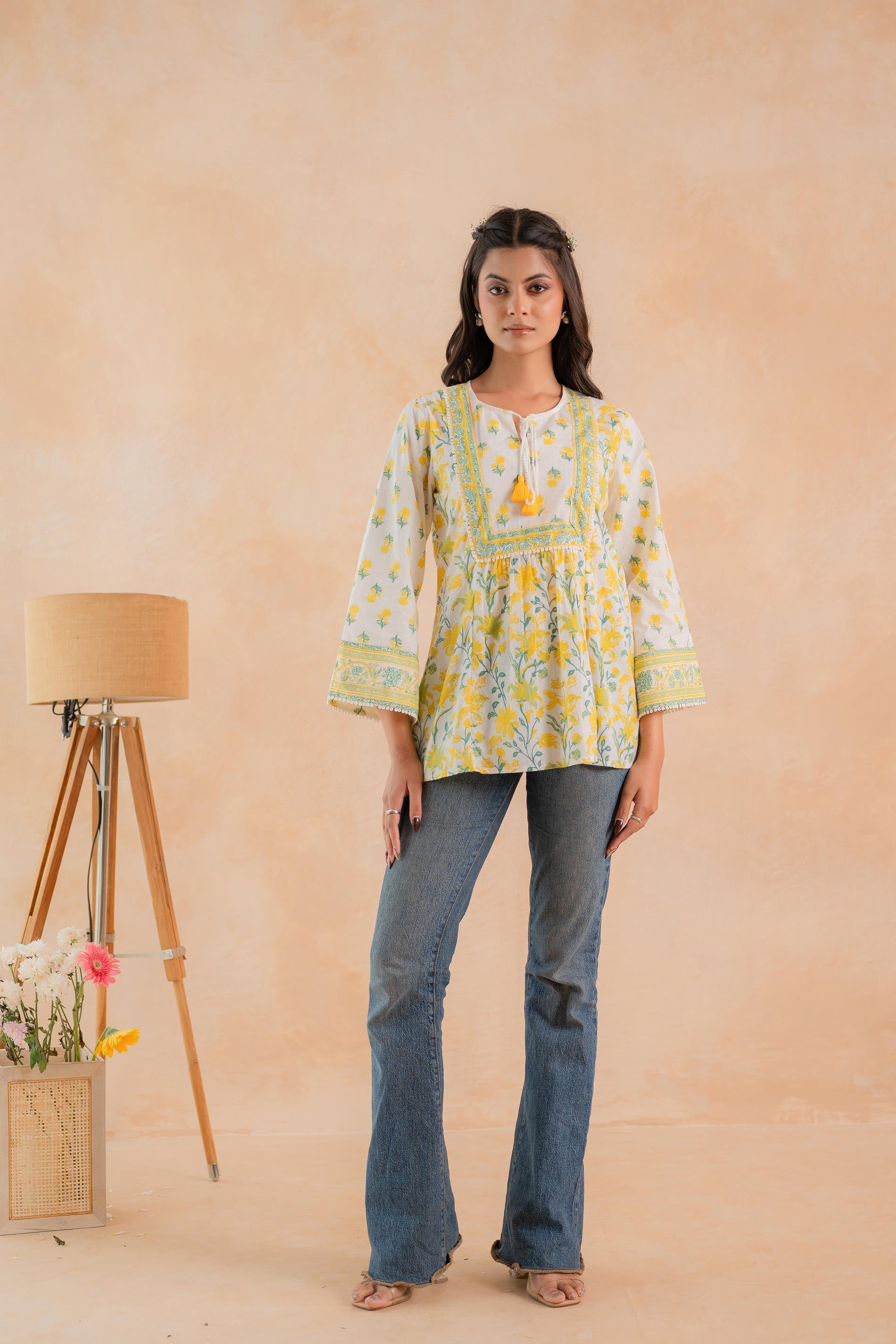 Juniper Off-White & Yellow Floral Printed Gathered Ethnic Tunic with Lace Yoke