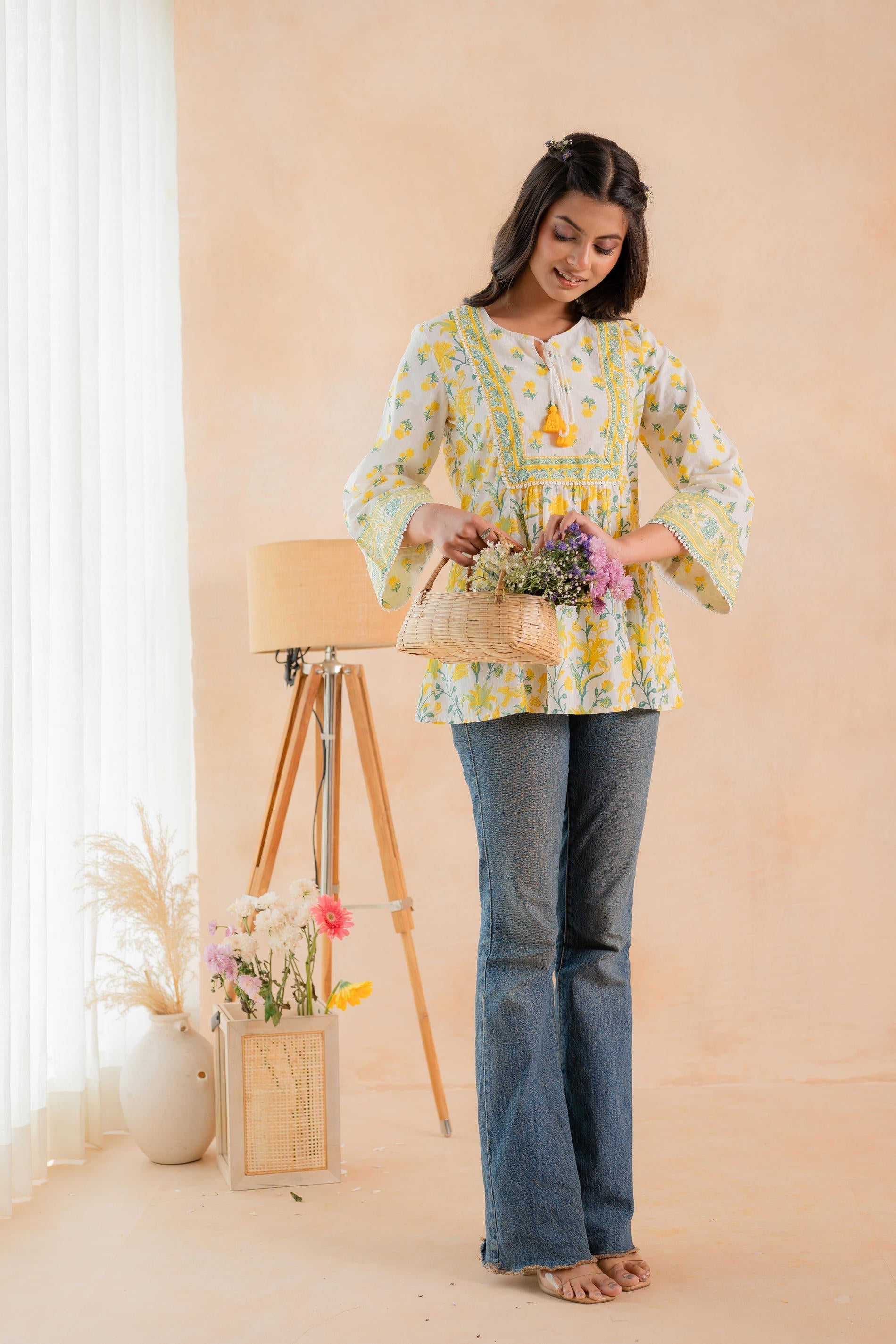Juniper Off-White & Yellow Floral Printed Gathered Ethnic Tunic with Lace Yoke