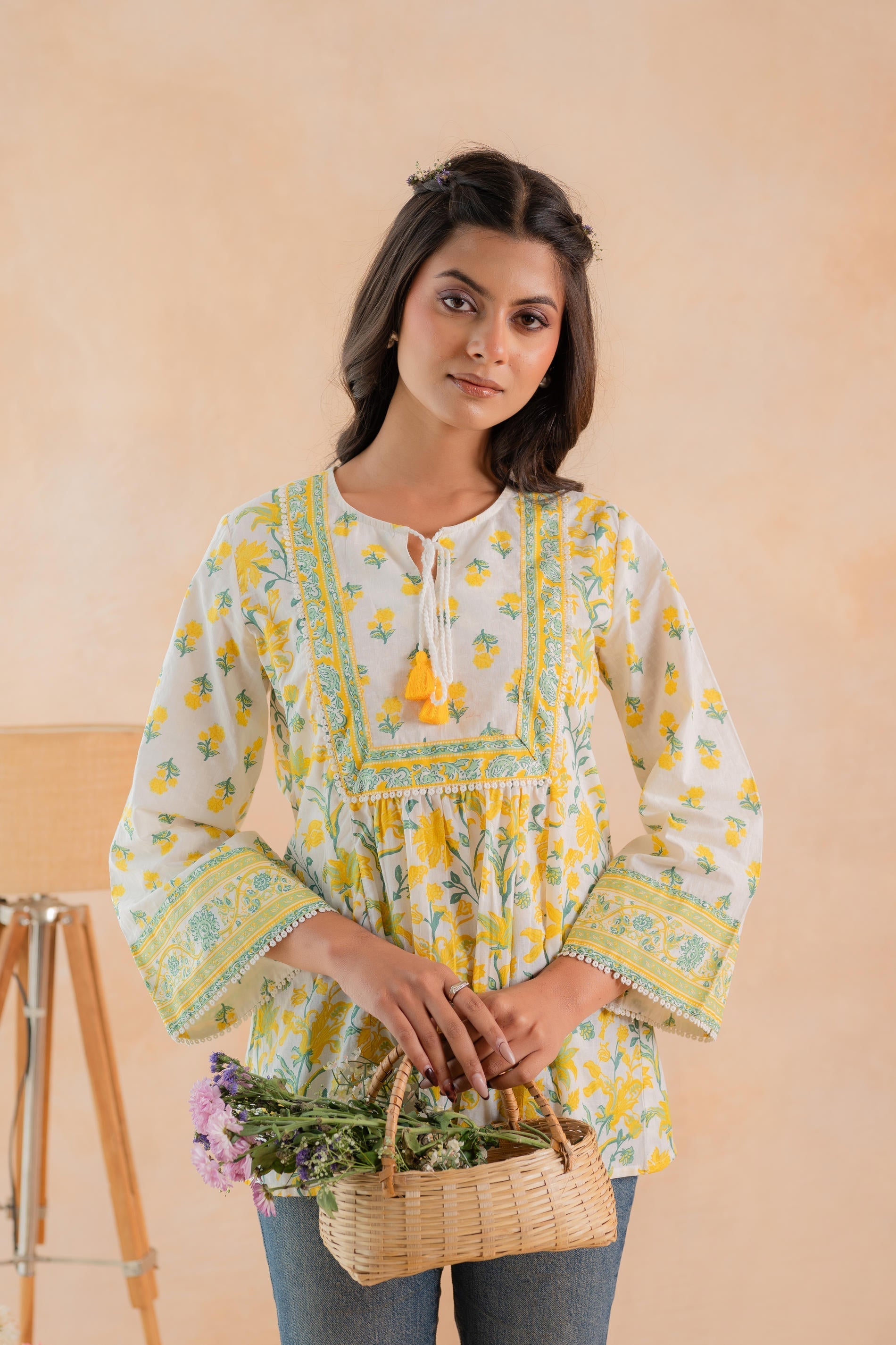 Juniper Off-White & Yellow Floral Printed Gathered Ethnic Tunic with Lace Yoke