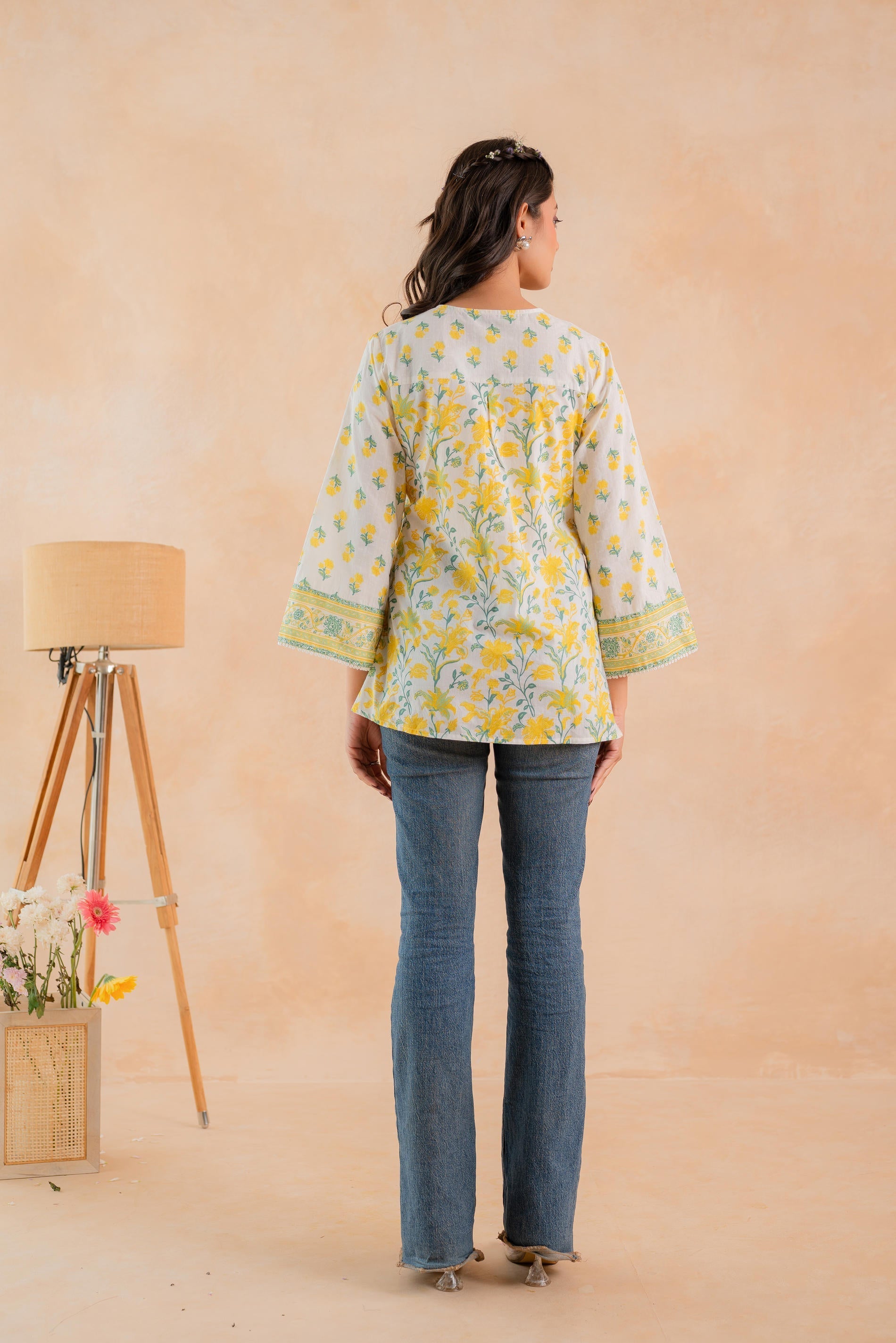 Juniper Off-White & Yellow Floral Printed Gathered Ethnic Tunic with Lace Yoke