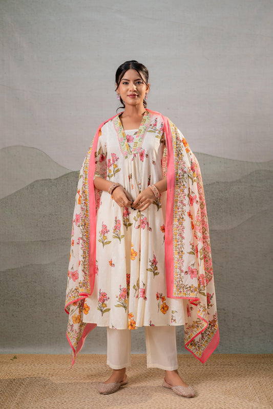 Juniper Bloom Veil Floral Anarkali Kurta Pant And Dupatta Set