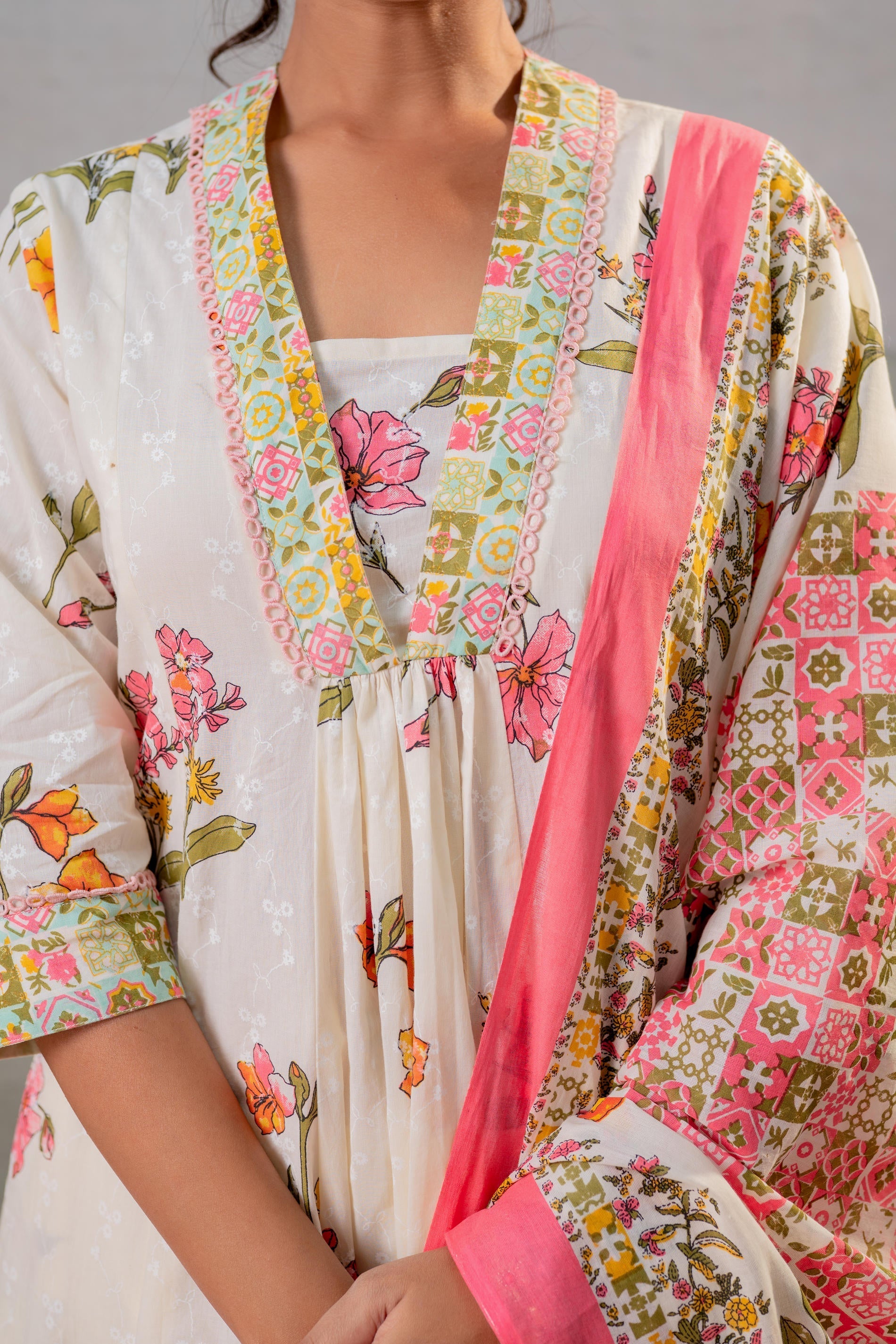 Juniper Bloom Veil Floral Anarkali Kurta Pant And Dupatta Set