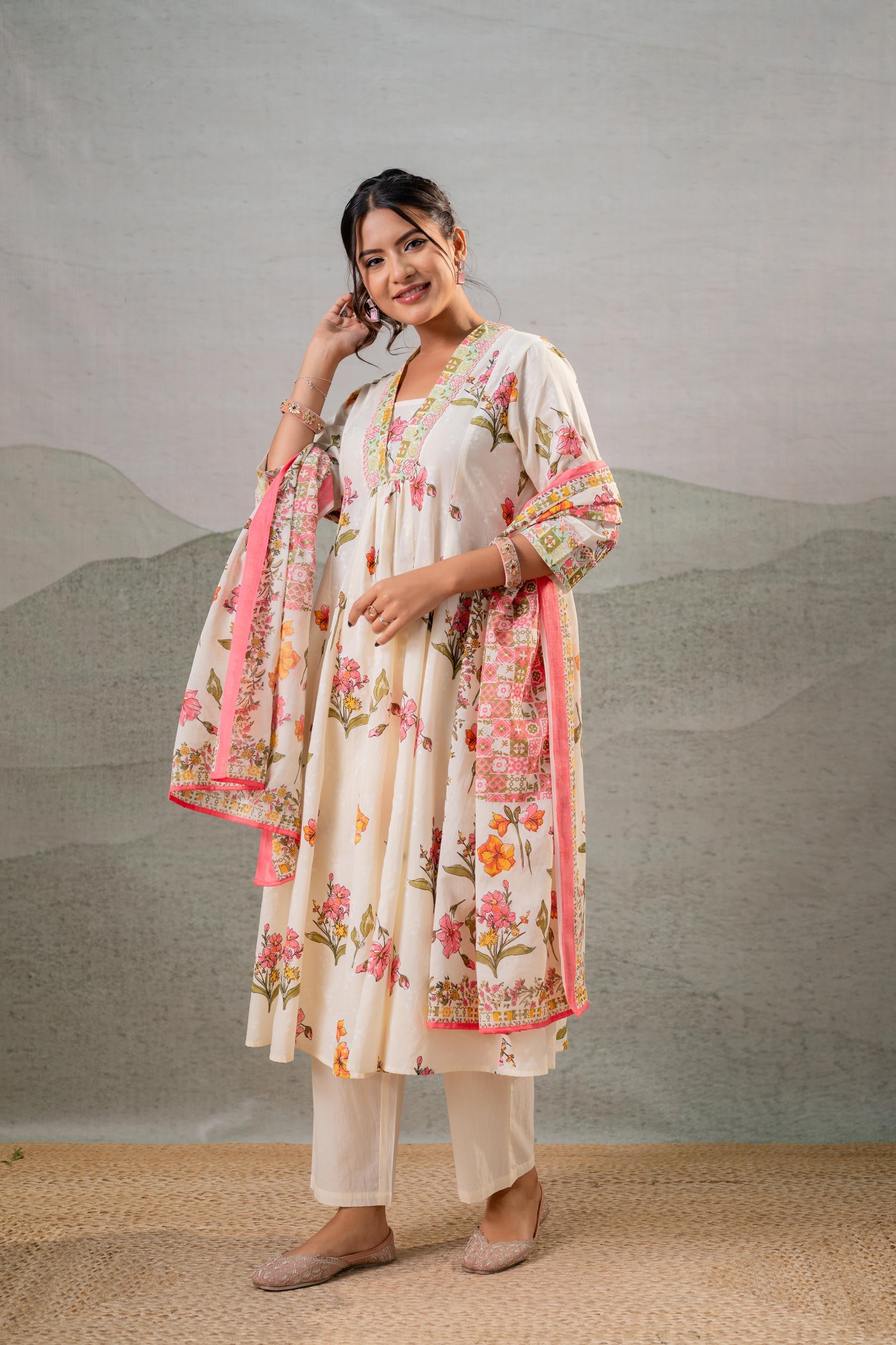 Juniper Bloom Veil Floral Anarkali Kurta Pant And Dupatta Set
