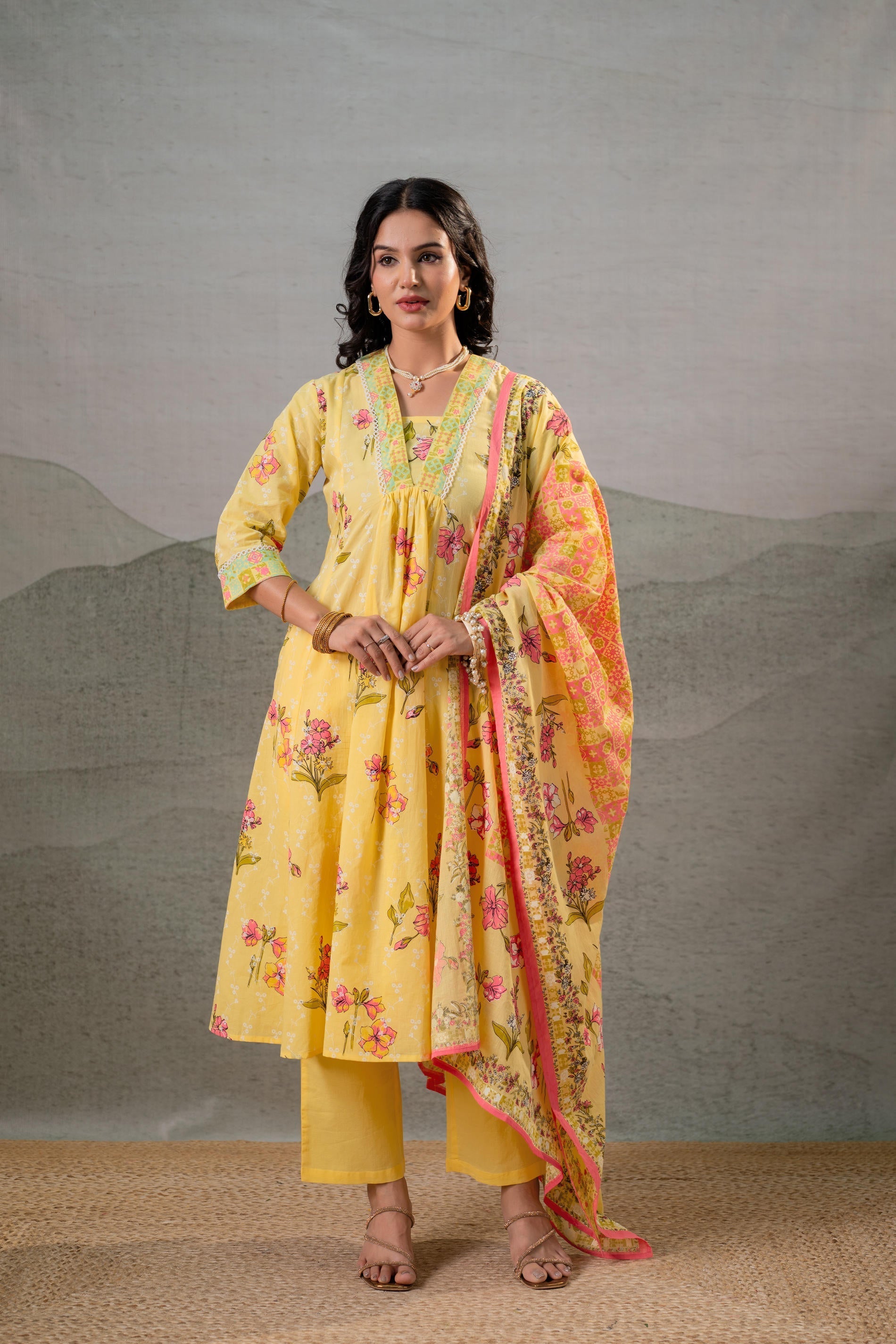 Juniper Bloom Veil Floral Anarkali Kurta Pant And Dupatta Set