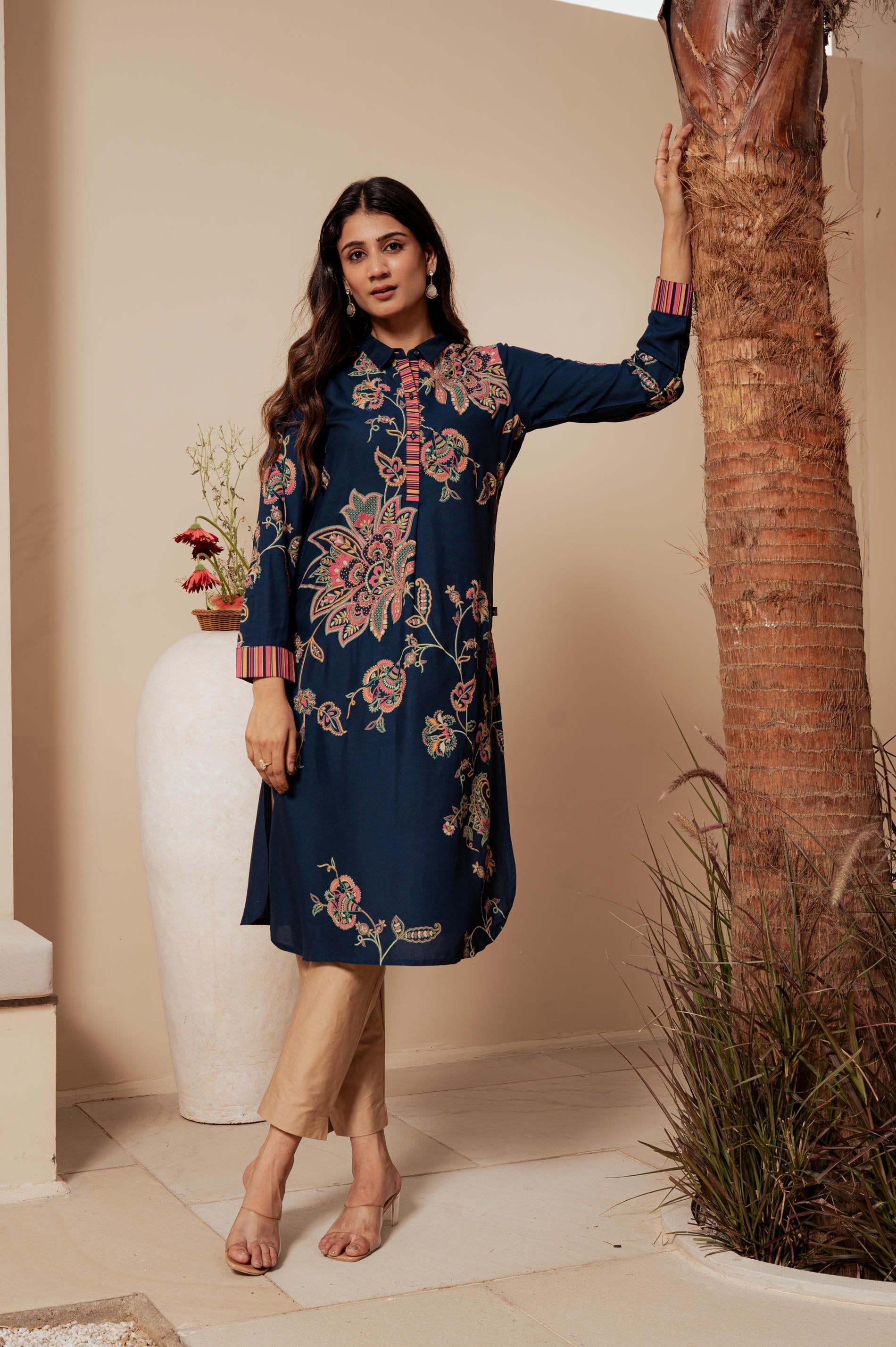 Juniper Midnight Blue Floral Printed Viscose Kurta With Button Detailing | Grab2Buy