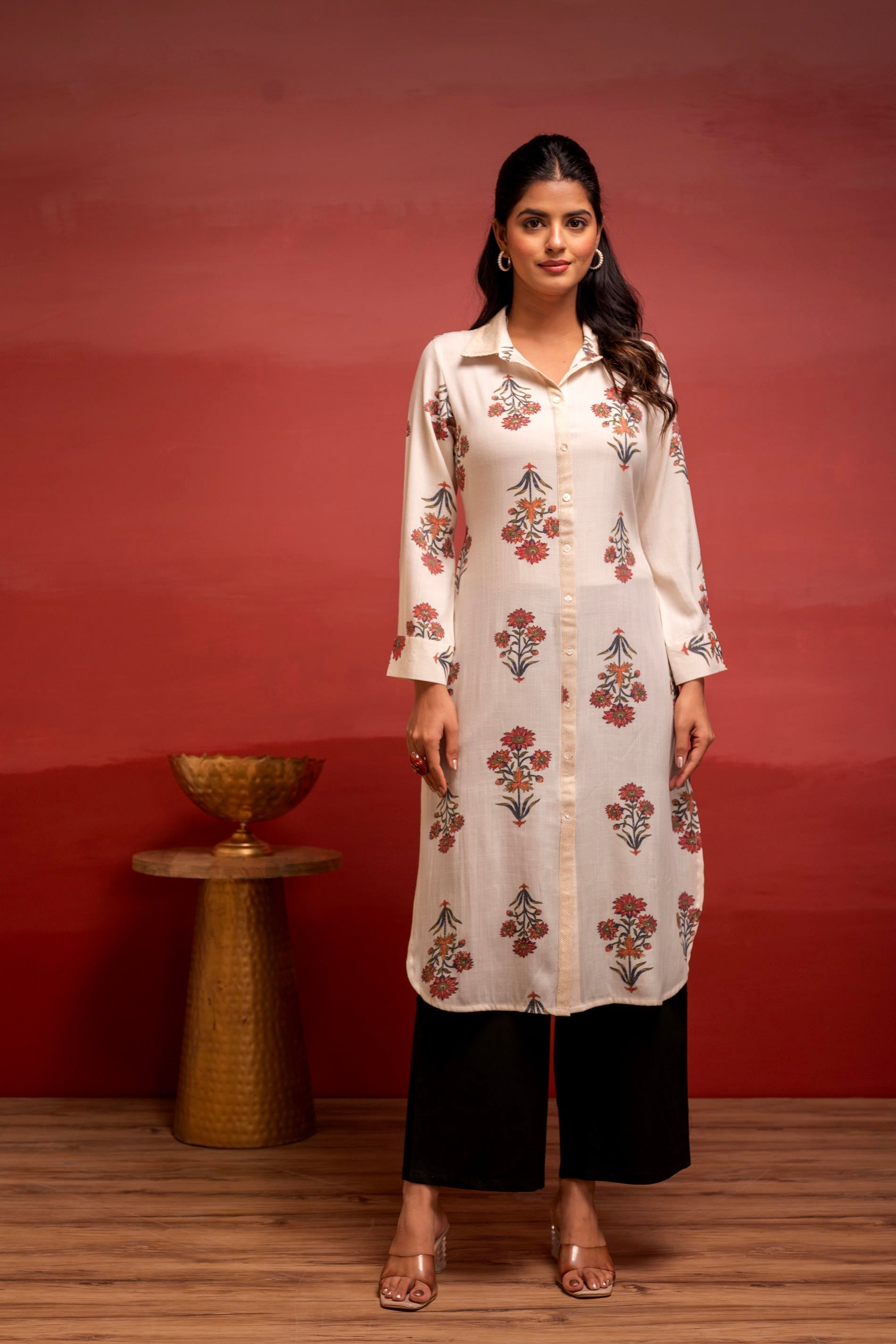 Juniper White Floral Printed Viscose Kurta With Button Detailing | Grab2Buy