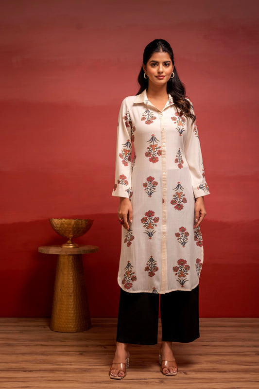 Juniper White Floral Printed Viscose Kurta With Button Detailing | Grab2Buy