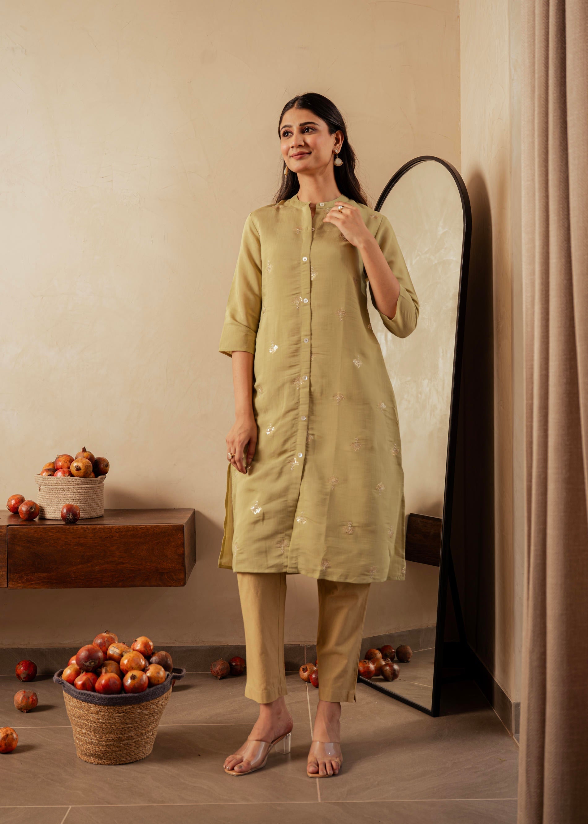 Juniper Sage Green Solid Viscose A-Line Kurta With Embroidery, Beads & Button Detailing | Grab2Buy
