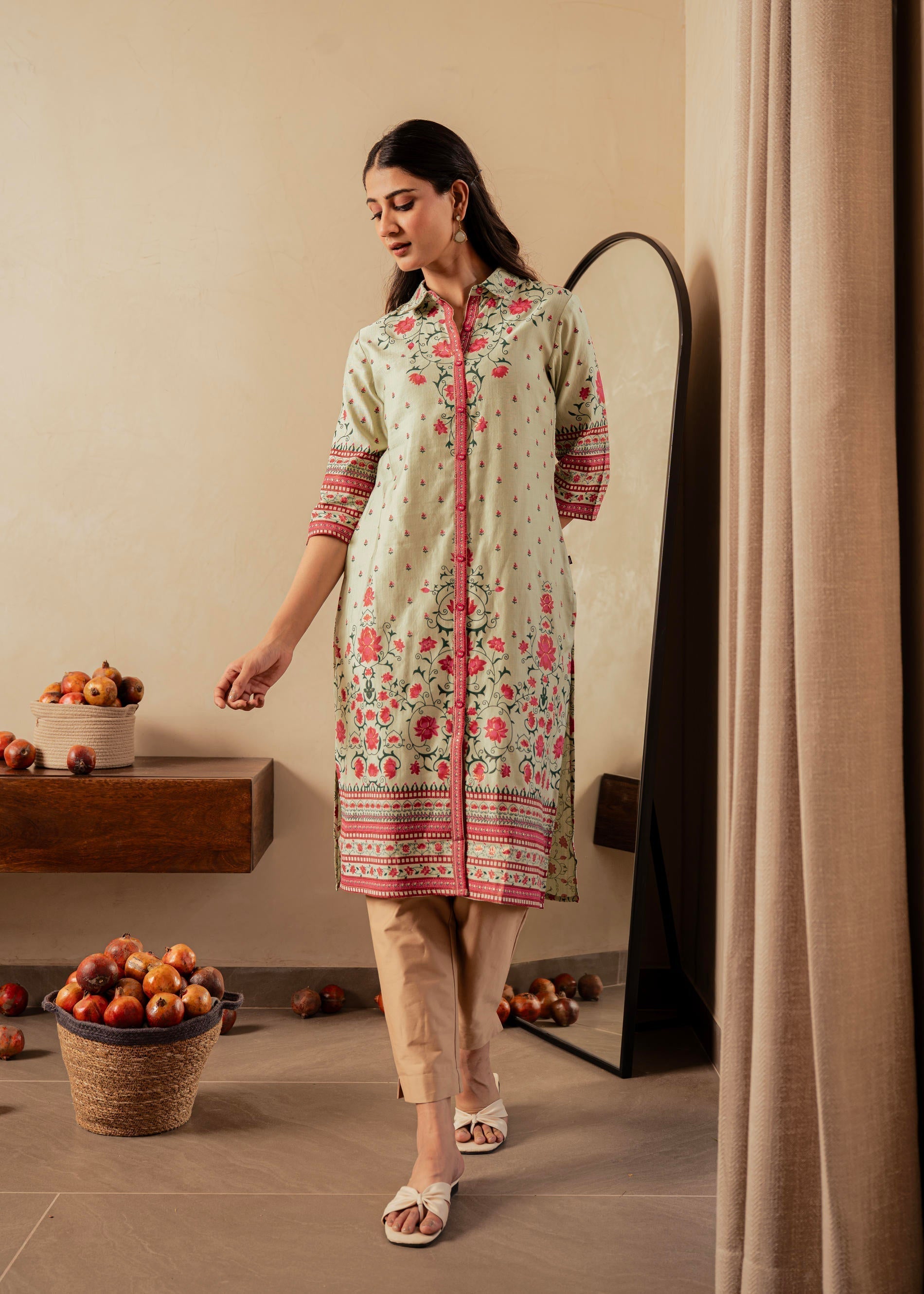 Juniper Sage Green Floral Printed Viscose Kurta With Button Detailing | Grab2Buy