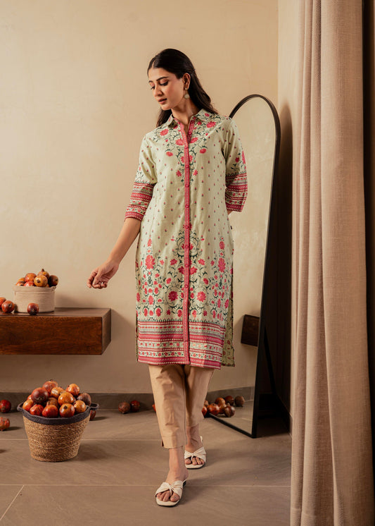 Juniper Sage Green Floral Printed Viscose Kurta With Button Detailing | Grab2Buy