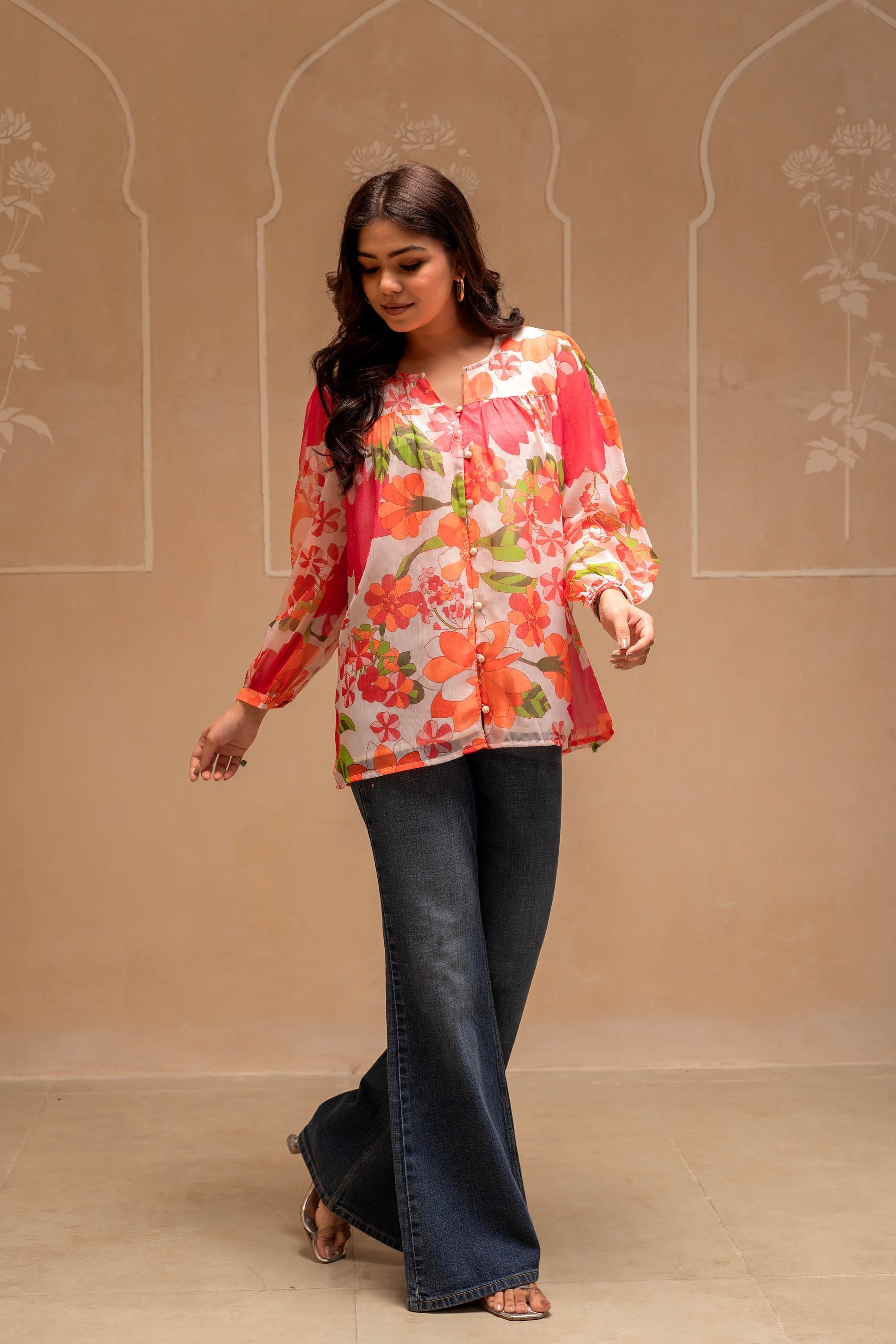 Juniper Man Made Multicolor Fiber Floral Printed Tunic With Button Details