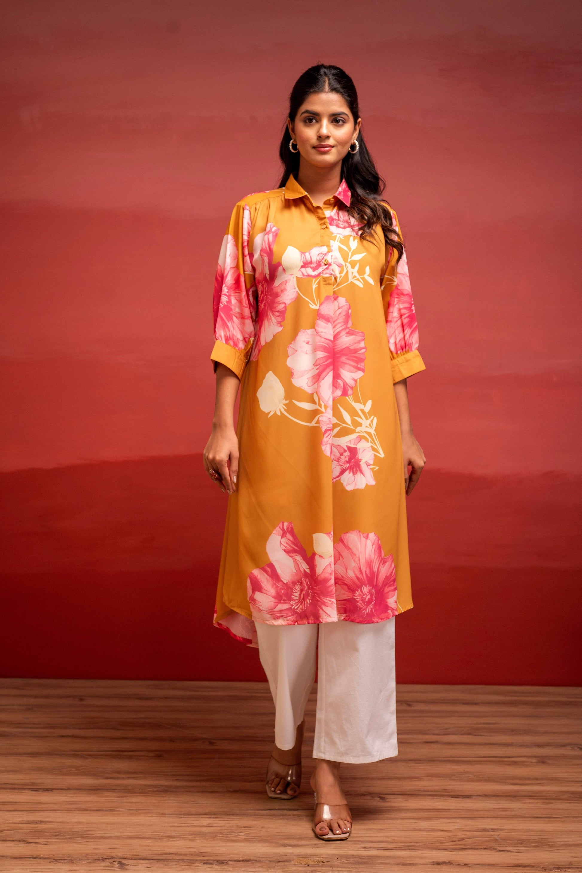 Juniper Mustard Floral Printed A-Line Kurta With Button Detailing | Grab2Buy