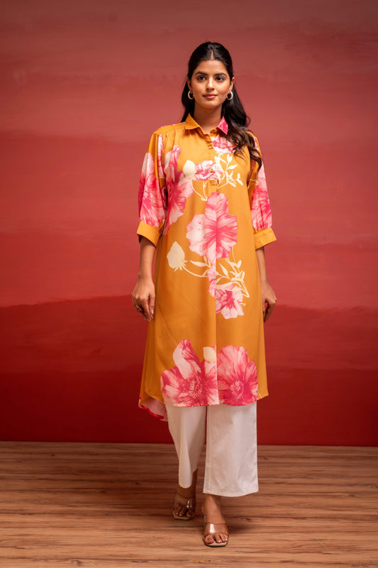 Juniper Mustard Floral Printed A-Line Kurta With Button Detailing | Grab2Buy